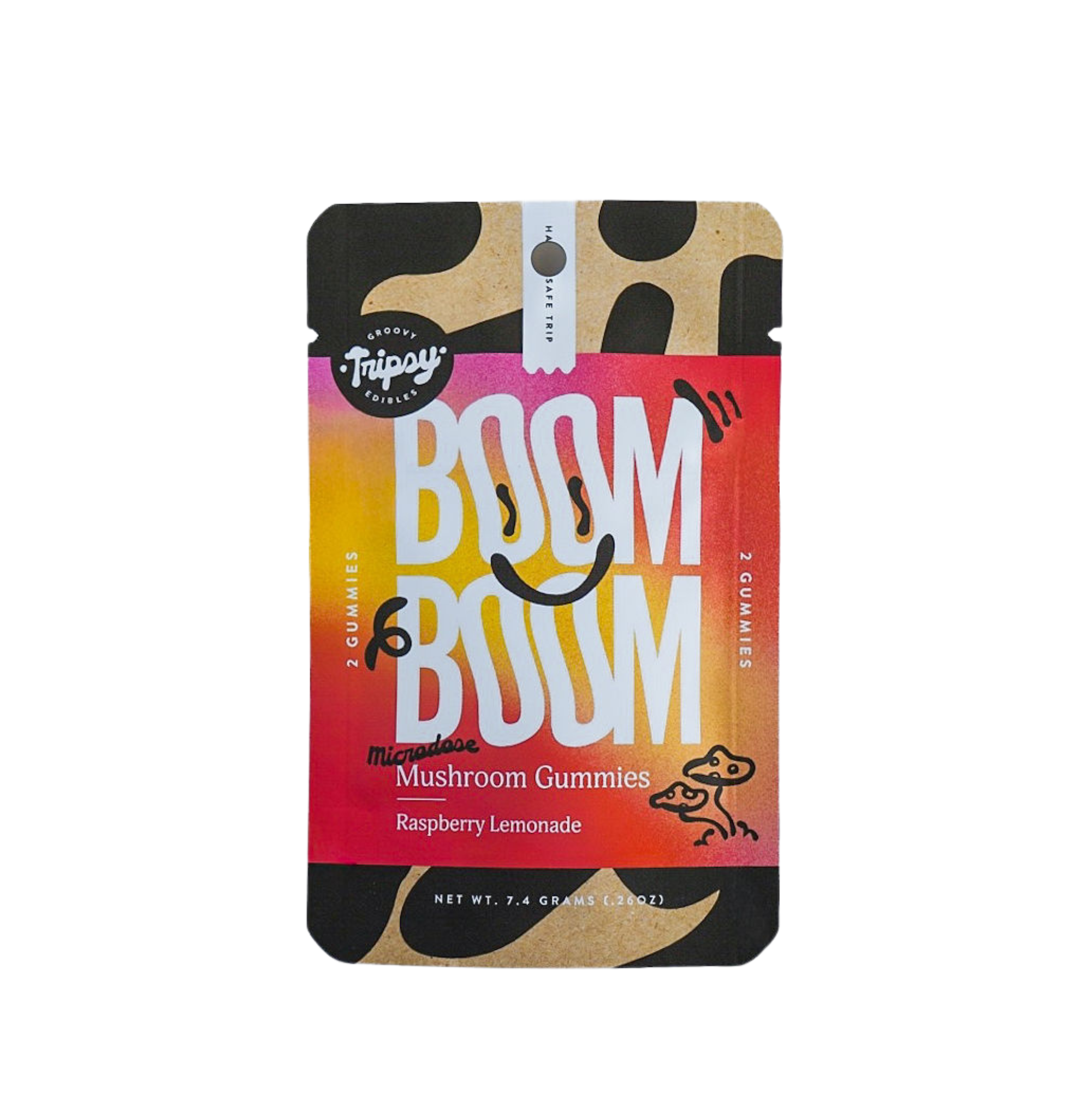Trippy Groovy Edibles BOOM BOOM microdose mushroom gummies raspberry lemonade pouch with two gummies