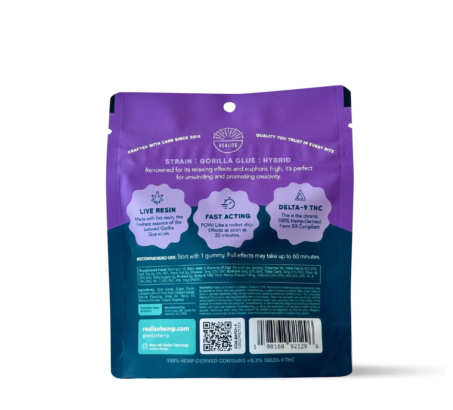 Back of Realize dragon fruit Gorilla Glue hybrid live resin gummies 100mg Delta-9 THC pouch with ingredients and dosage information