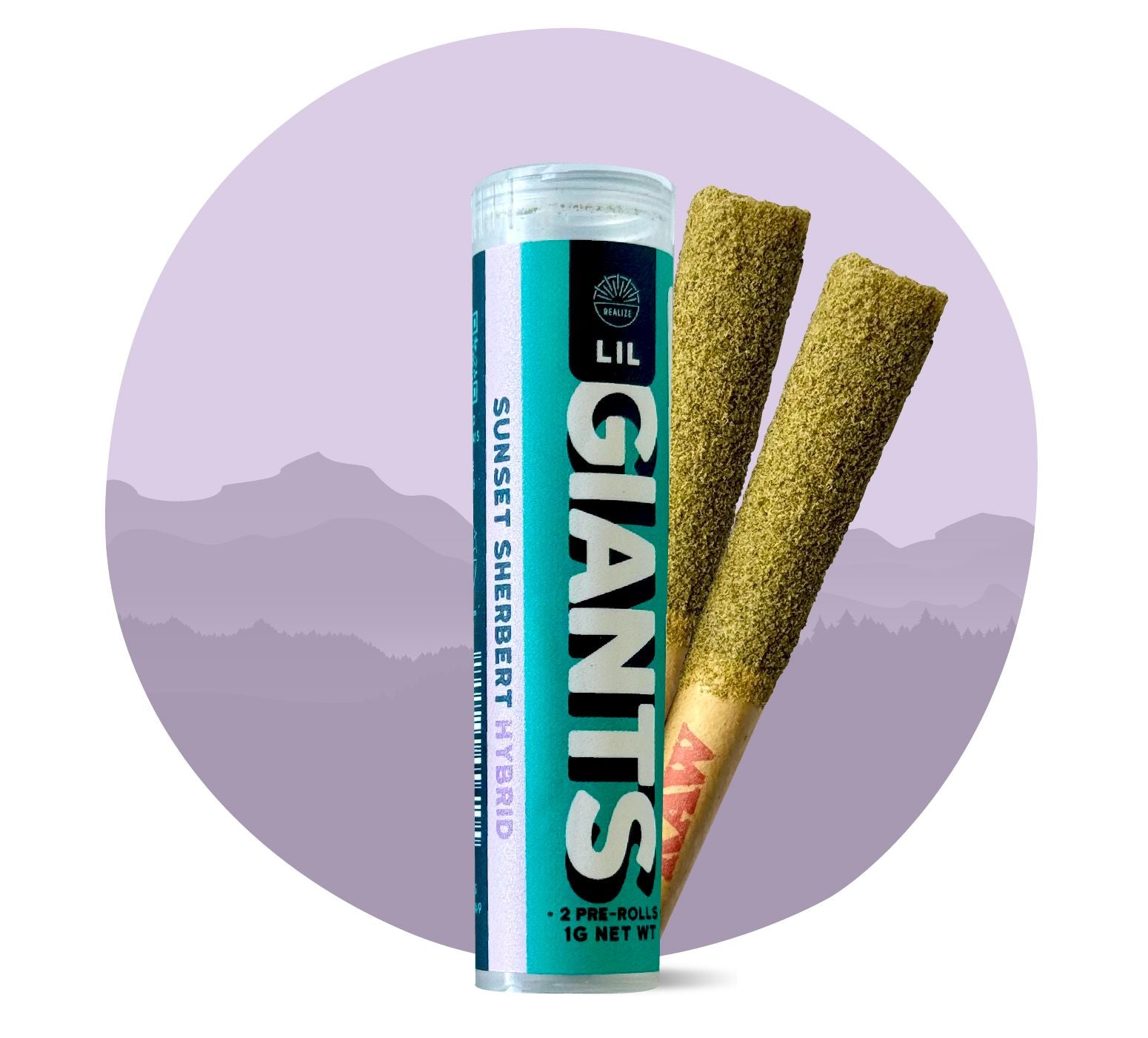 Realize Lil Giants Sunset Sherbert hybrid THCA pre-rolls with tube packaging and two infused hemp joints