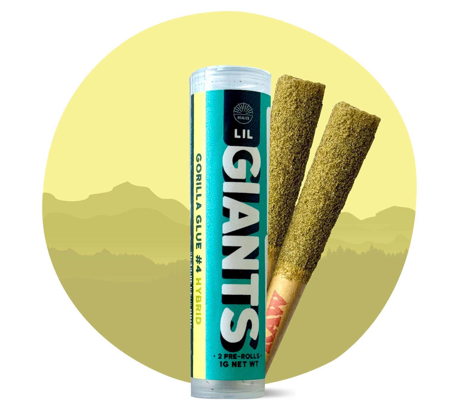Realize Lil Giants Gorilla Glue #4 hybrid 31% THCA pre-rolls with tube packaging and two infused hemp joints