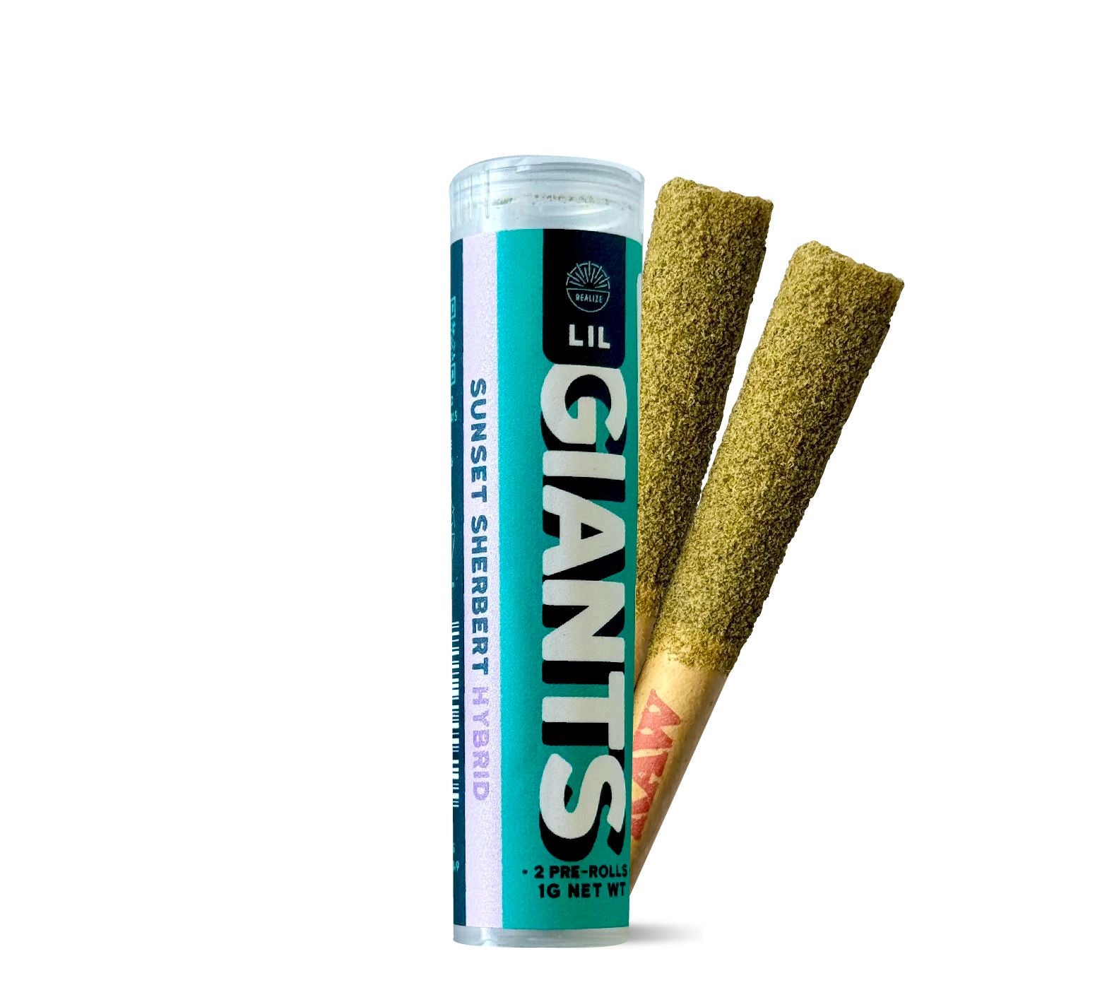 Realize Lil Giants Sunset Sherbert hybrid THCA pre-rolls with tube packaging and two infused hemp joints