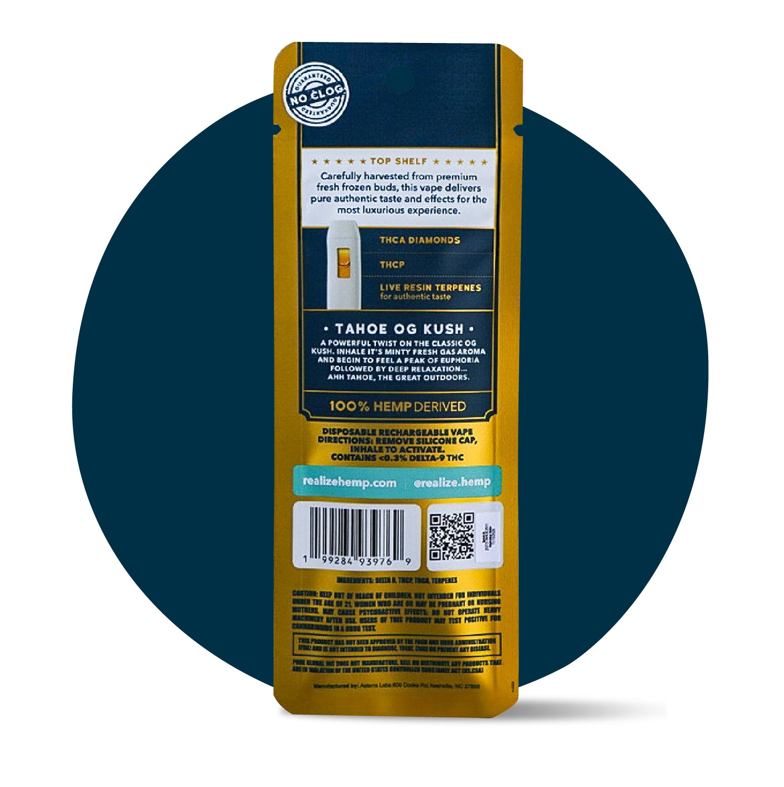 Back of Realize Top Shelf Tahoe OG Kush live resin disposable vape 2 gram THC blend packaging with product details and ingredients