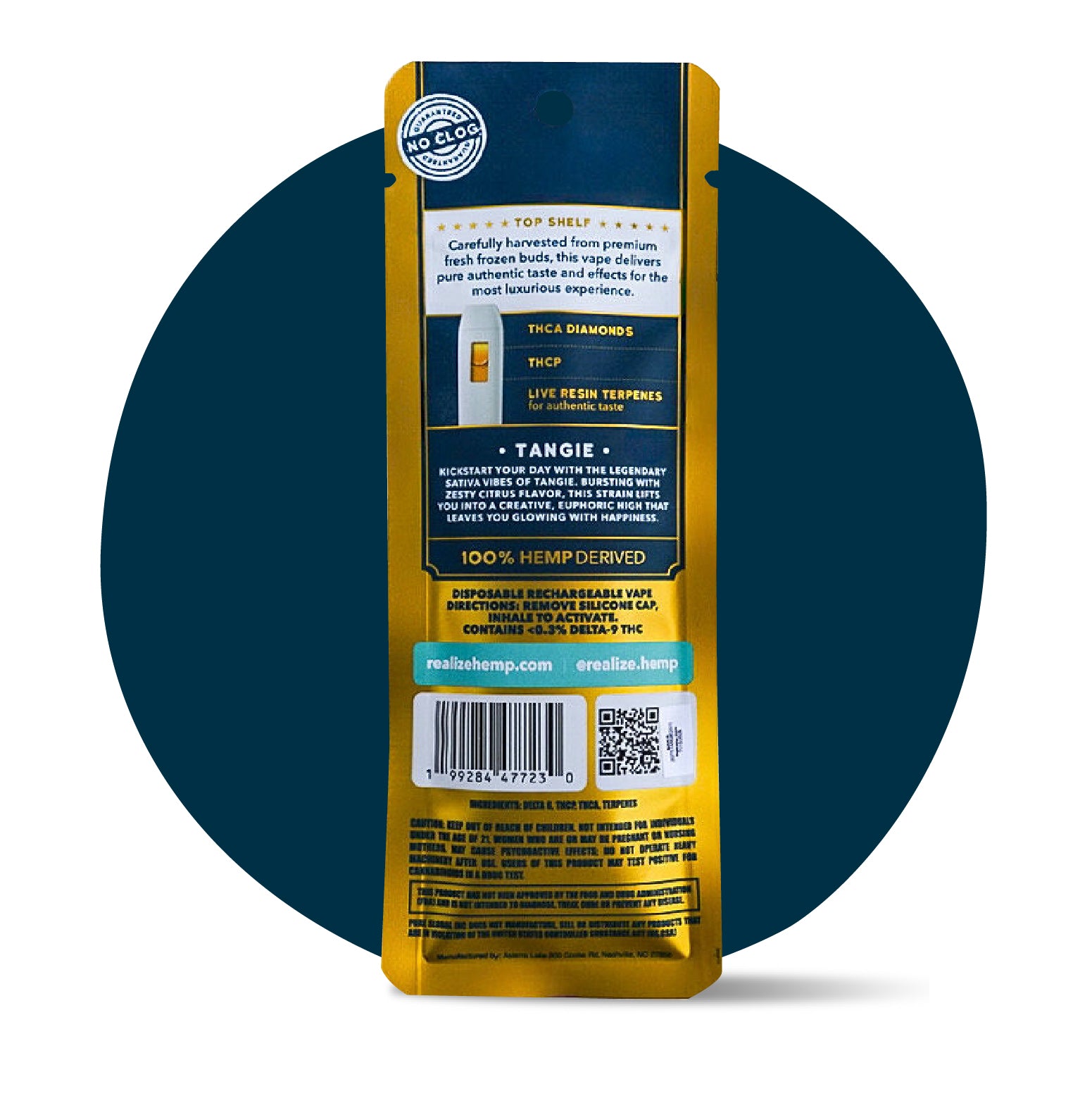 Back of Realize Top Shelf Tangie live resin disposable vape 2 gram THC blend sativa packaging with product details and ingredients