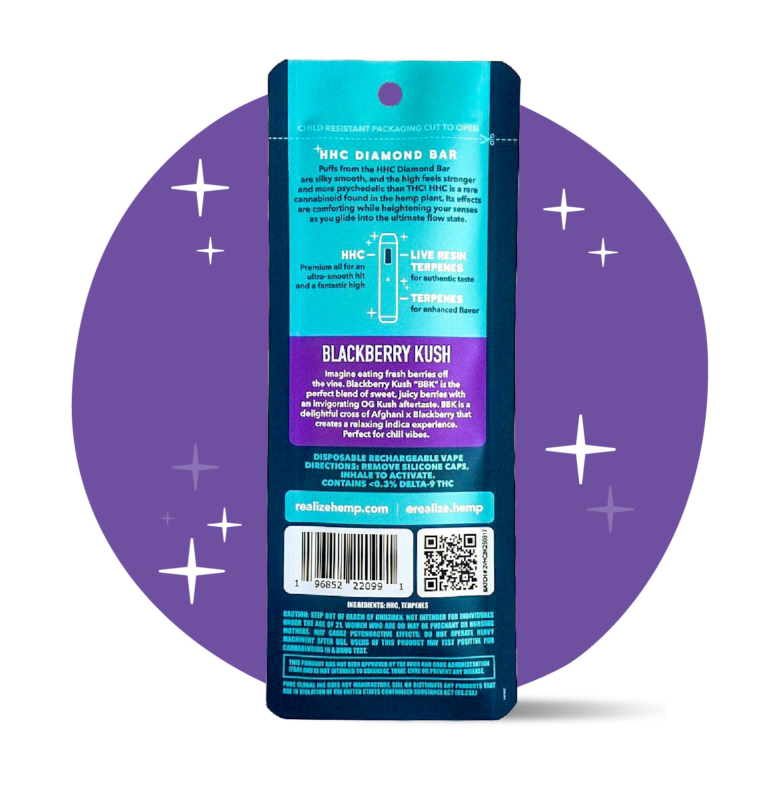 Realize HHC Diamond Bar, Blackberry Kush - Disposable Vape