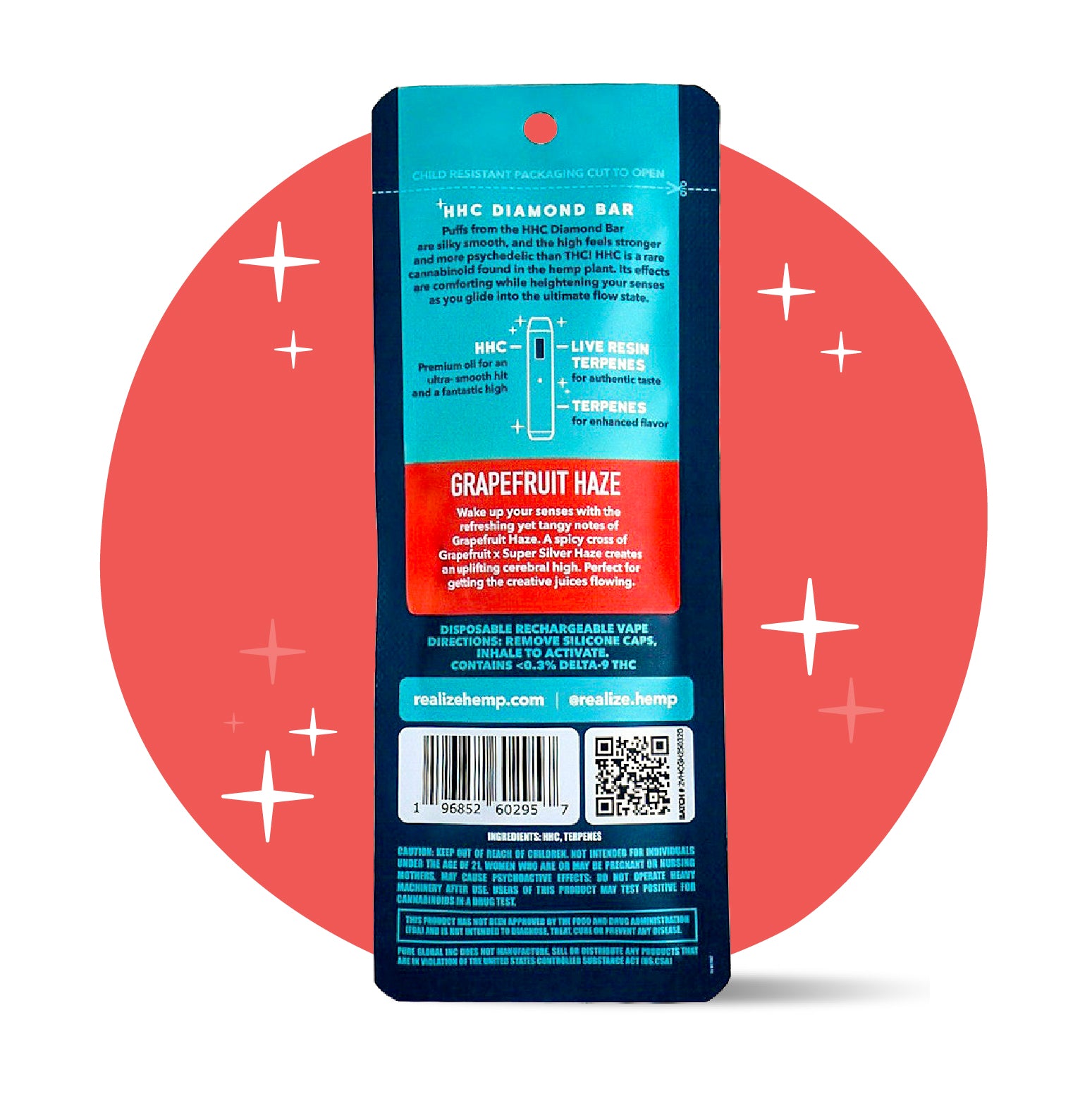 Back of Realize Grapefruit Haze HHC Diamond Bar disposable vape packaging showing product description, usage instructions, ingredients, QR code, and barcode on teal and red design