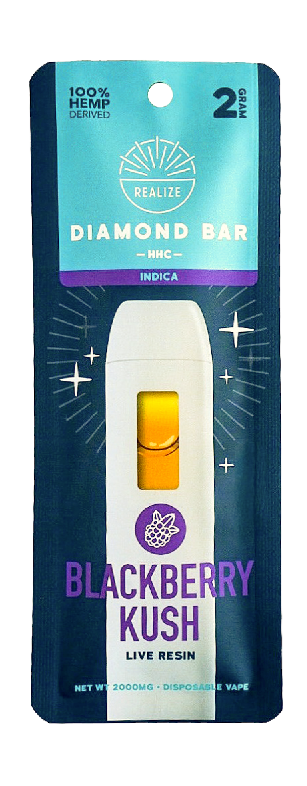 Realize Blackberry Kush HHC Diamond Bar disposable vape packaging front, indica strain with live resin, 2 gram vape featuring white device and purple blackberry-themed design