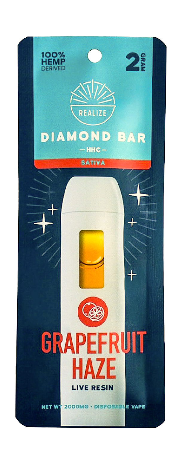 Realize Grapefruit Haze HHC Diamond Bar disposable vape packaging front, sativa strain with live resin, 2 gram vape featuring white device and red grapefruit-themed design