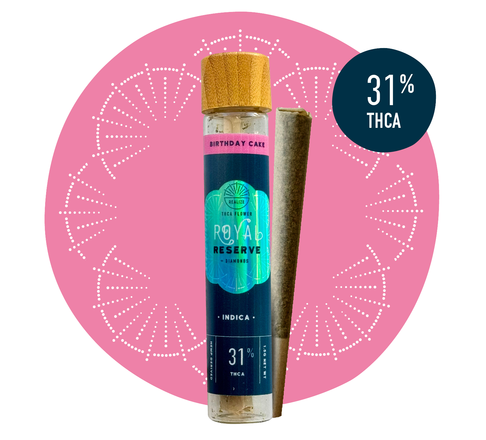 Realize Royal Reserve Birthday Cake indica THCA flower pre-roll with 31% THCA in glass tube with wooden cap