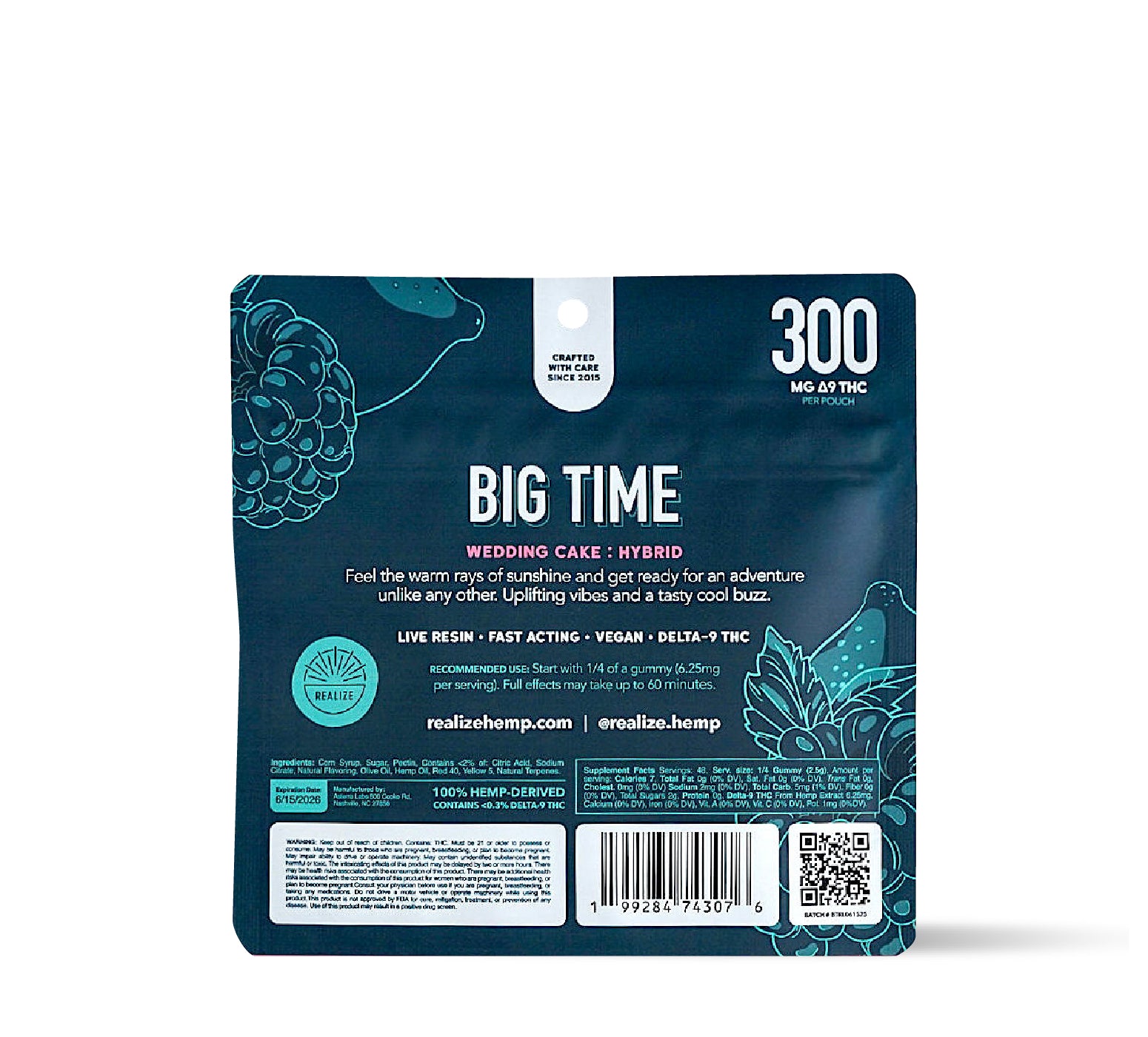 Back of Realize BIG TIME raspberry lemonade wedding cake hybrid live resin gummies 300mg Delta-9 THC pouch with ingredients and dosage information