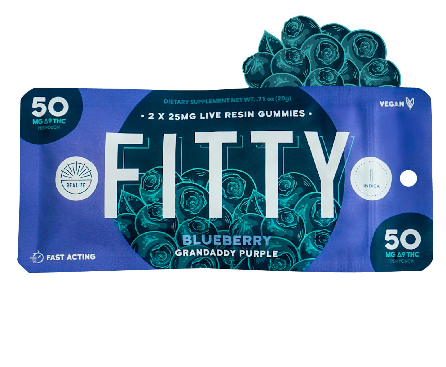 Realize FITTY blueberry Granddaddy Purple live resin gummies indica with 50mg Delta-9 THC per pouch
