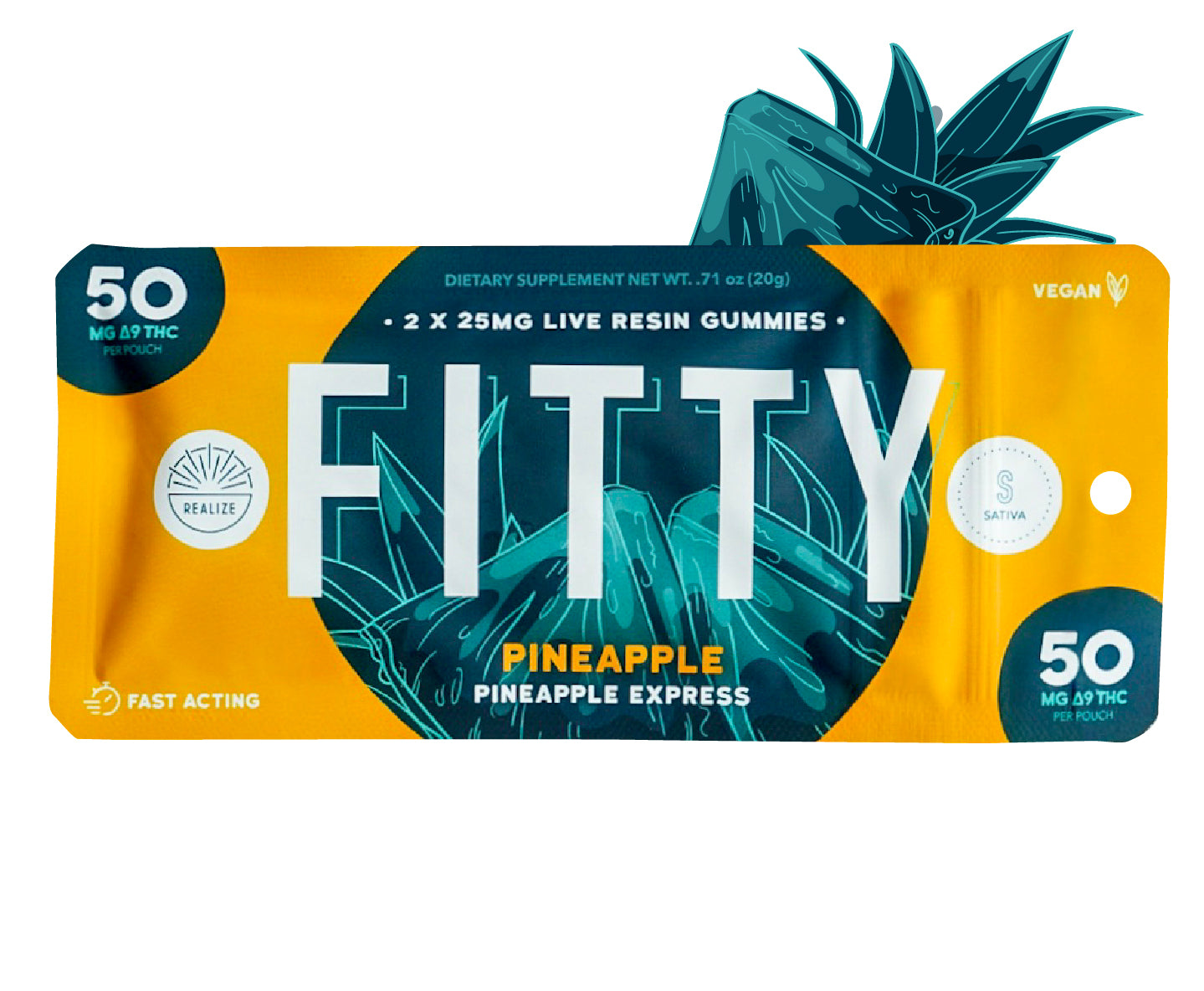 Realize FITTY Pineapple Express live resin gummies sativa with 50mg Delta-9 THC per pouch
