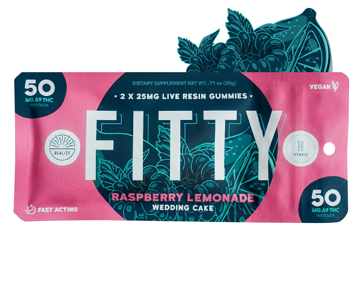 Realize FITTY raspberry lemonade Wedding Cake live resin gummies hybrid with 50mg Delta-9 THC per pouch