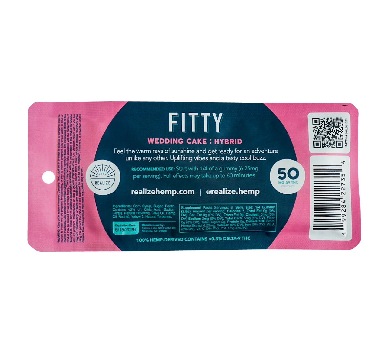 Back of Realize FITTY raspberry lemonade Wedding Cake hybrid live resin gummies packaging showing dosage, ingredients, and QR code