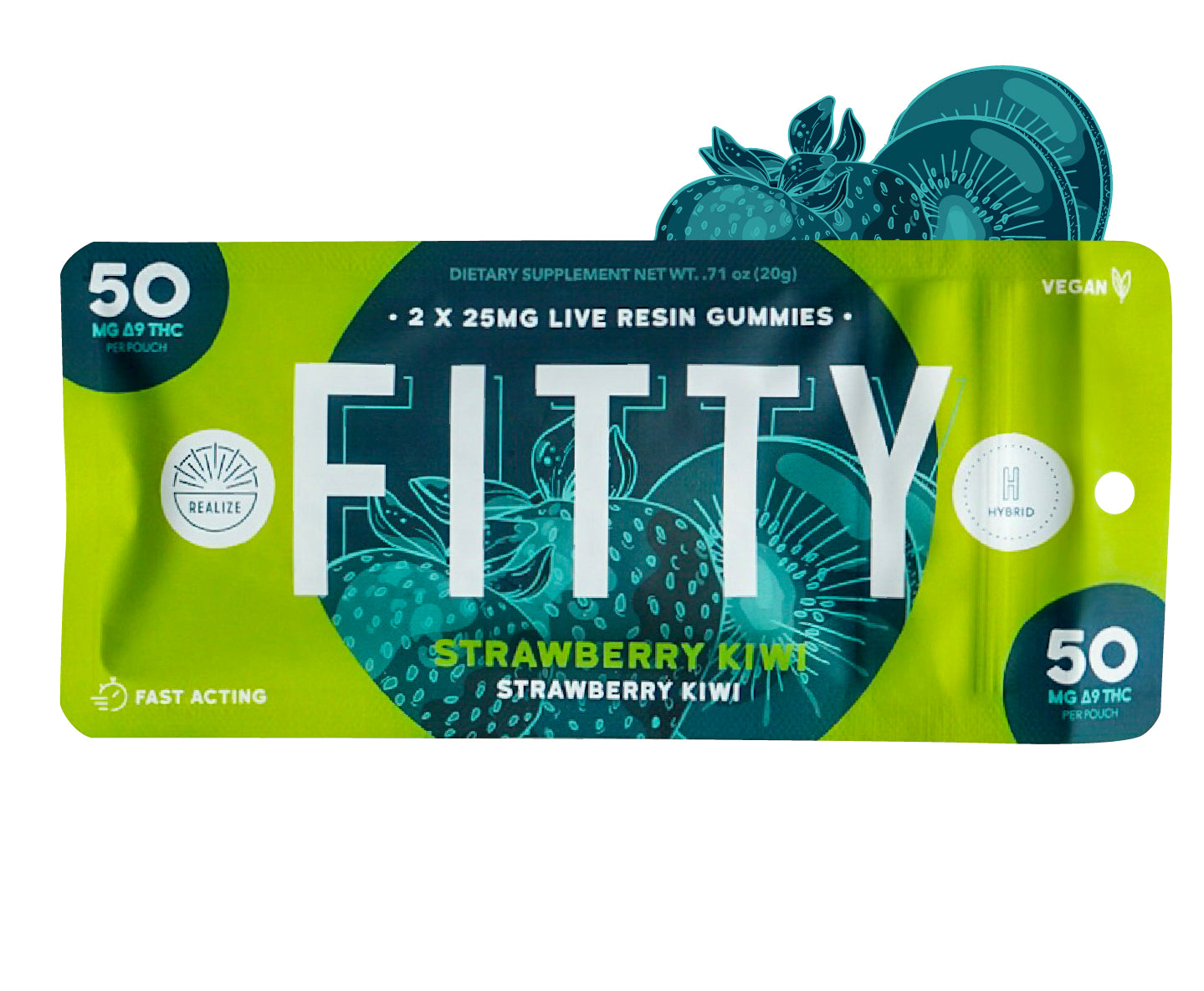 Realize FITTY strawberry kiwi live resin gummies hybrid with 50mg Delta-9 THC per pouch