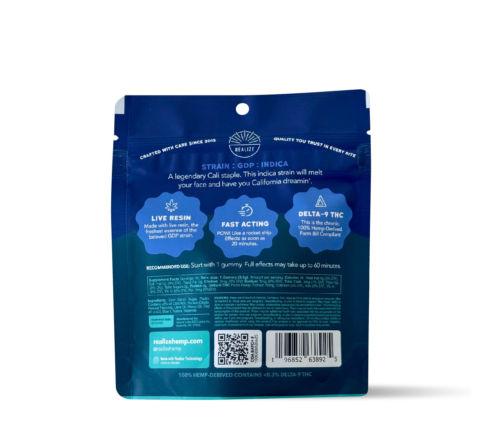 Back of Realize Blueberry Granddaddy Purple live resin gummies packaging showing strain details, usage instructions, ingredients, nutrition facts, QR code, and barcode on dark blue pouch