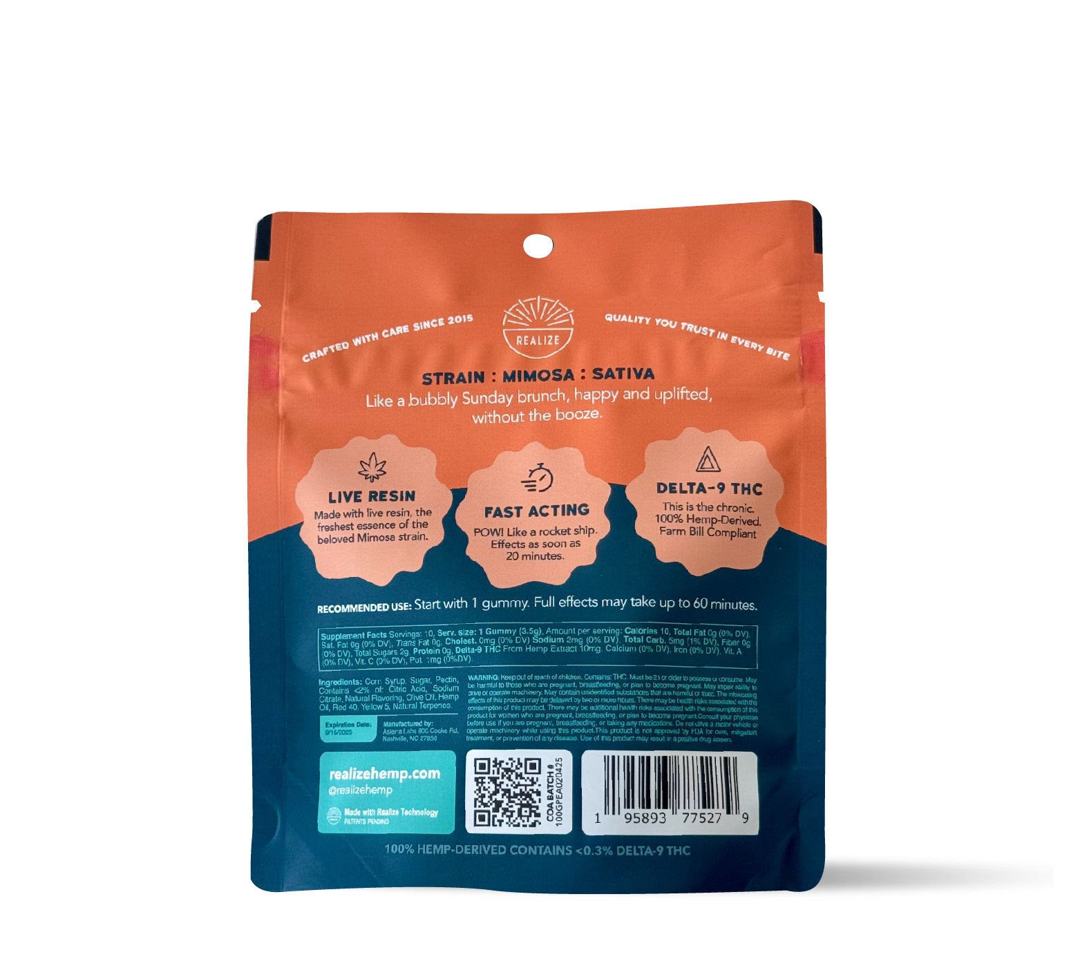 Back of Realize Peach Mimosa live resin gummies packaging showing strain details, usage instructions, ingredients, nutrition facts, QR code, and barcode on orange and blue pouch