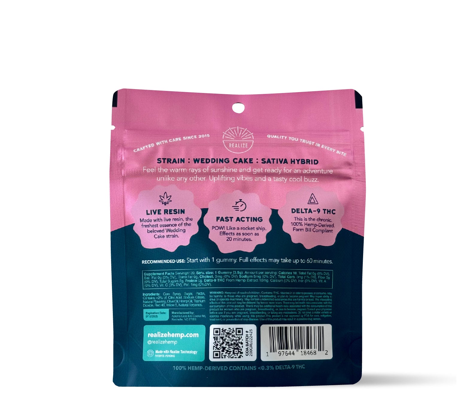 Back of Realize Raspberry Lemonade live resin gummies pouch showing Wedding Cake sativa hybrid strain details, usage instructions, ingredients, nutrition facts, QR code, and hemp-derived THC disclaimer