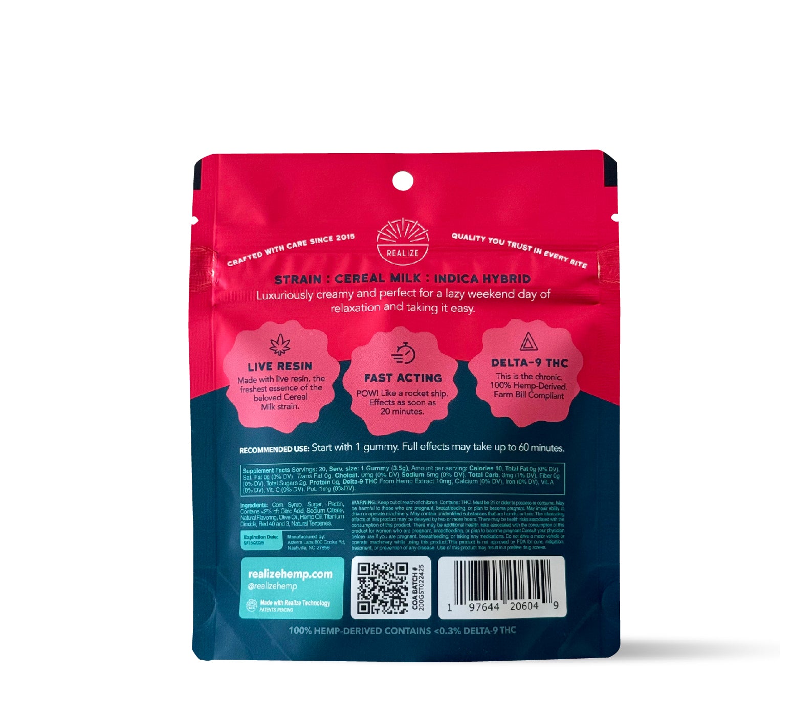 Back of Realize Strawberry Cereal Milk live resin gummies pouch showing indica hybrid strain details, usage instructions, ingredients, nutrition facts, barcode, QR code, and hemp-derived THC disclaimer