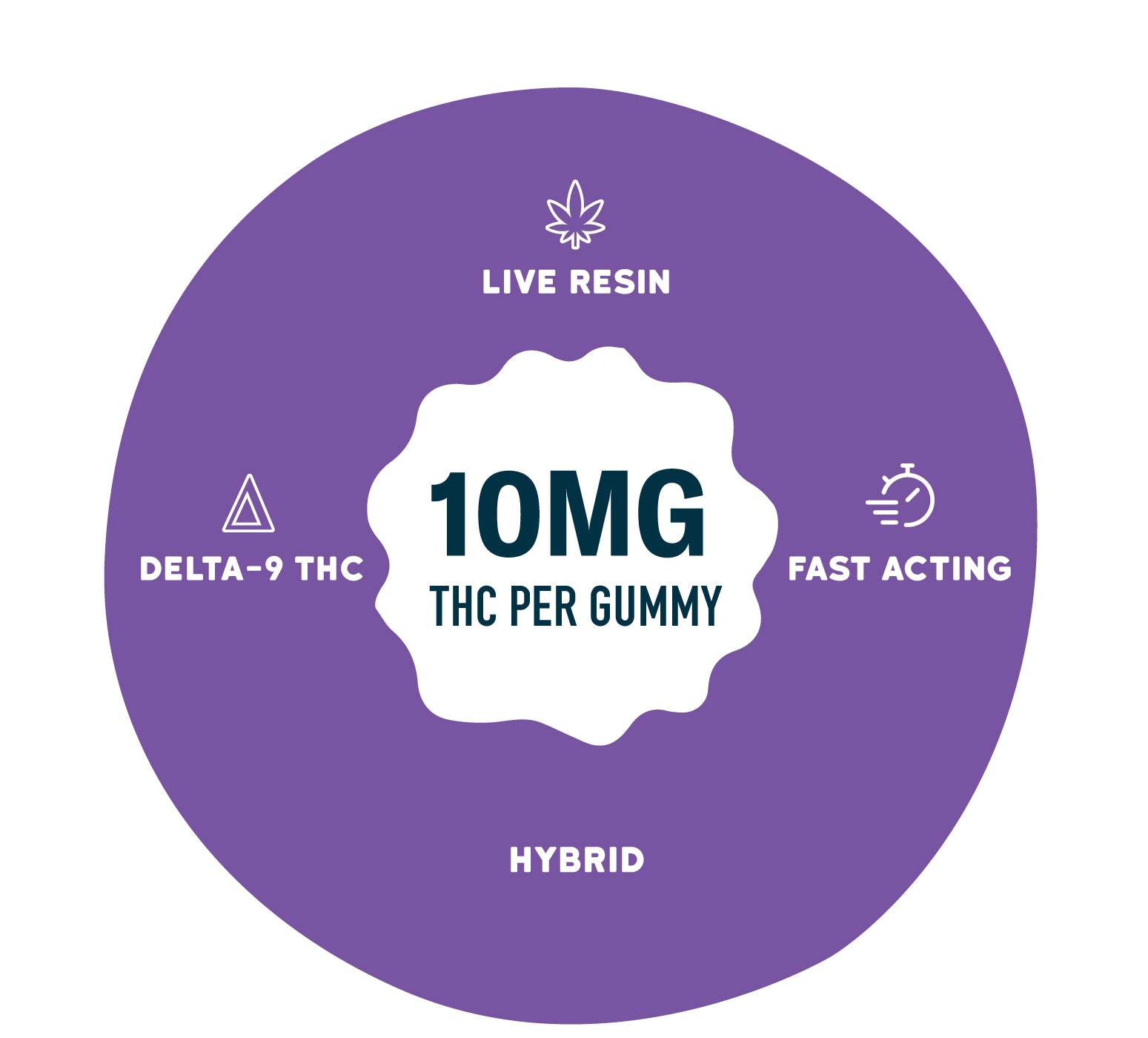 Graphic on a purple background with a central badge reading “10MG THC per gummy.” Surrounding text and icons highlight “Live Resin,” “Delta-9 THC,” “Fast Acting,” and “Hybrid.”