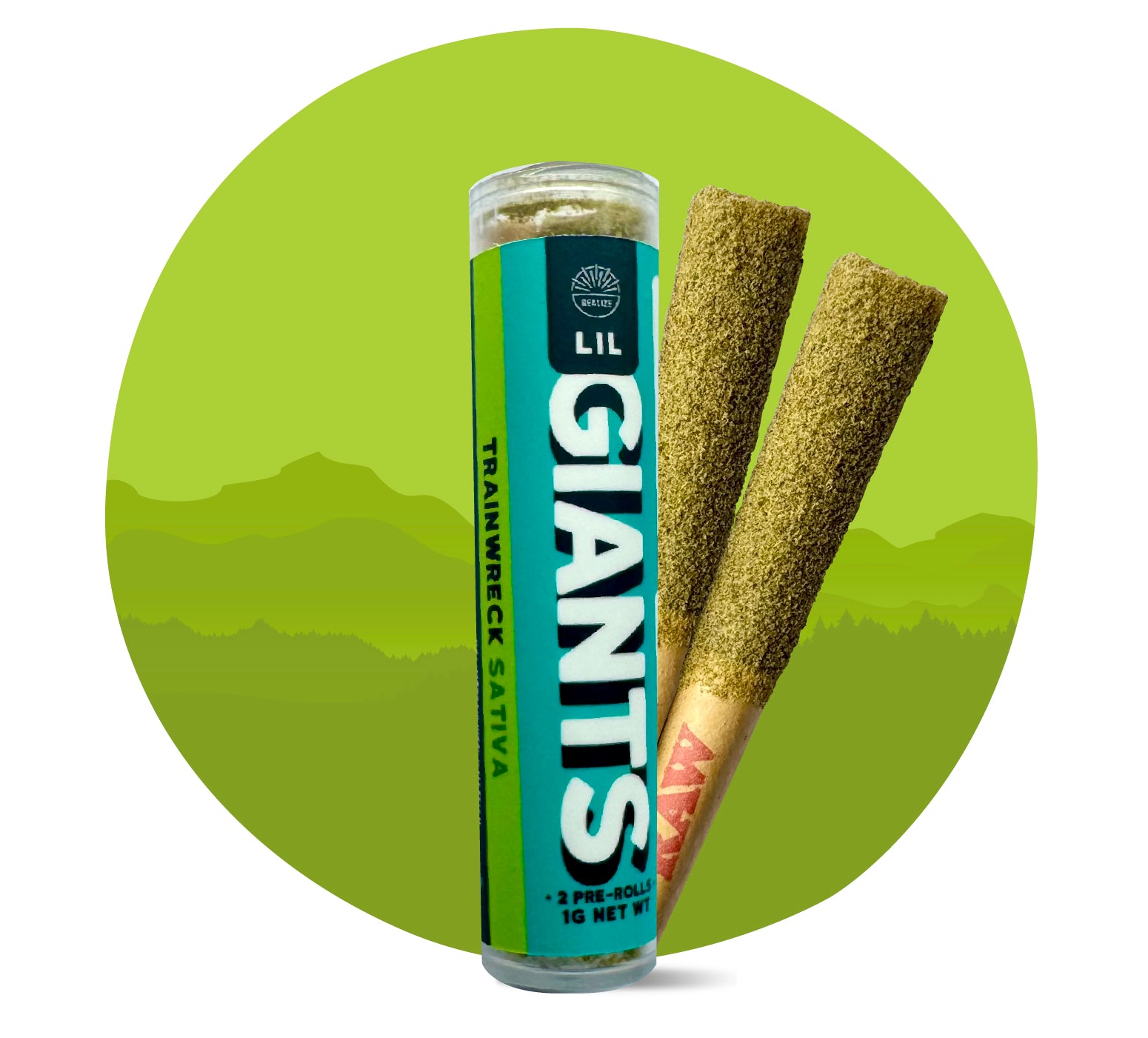 Realize Lil Giants Trainwreck sativa 29% THCA pre-rolls with tube packaging and two infused hemp joints