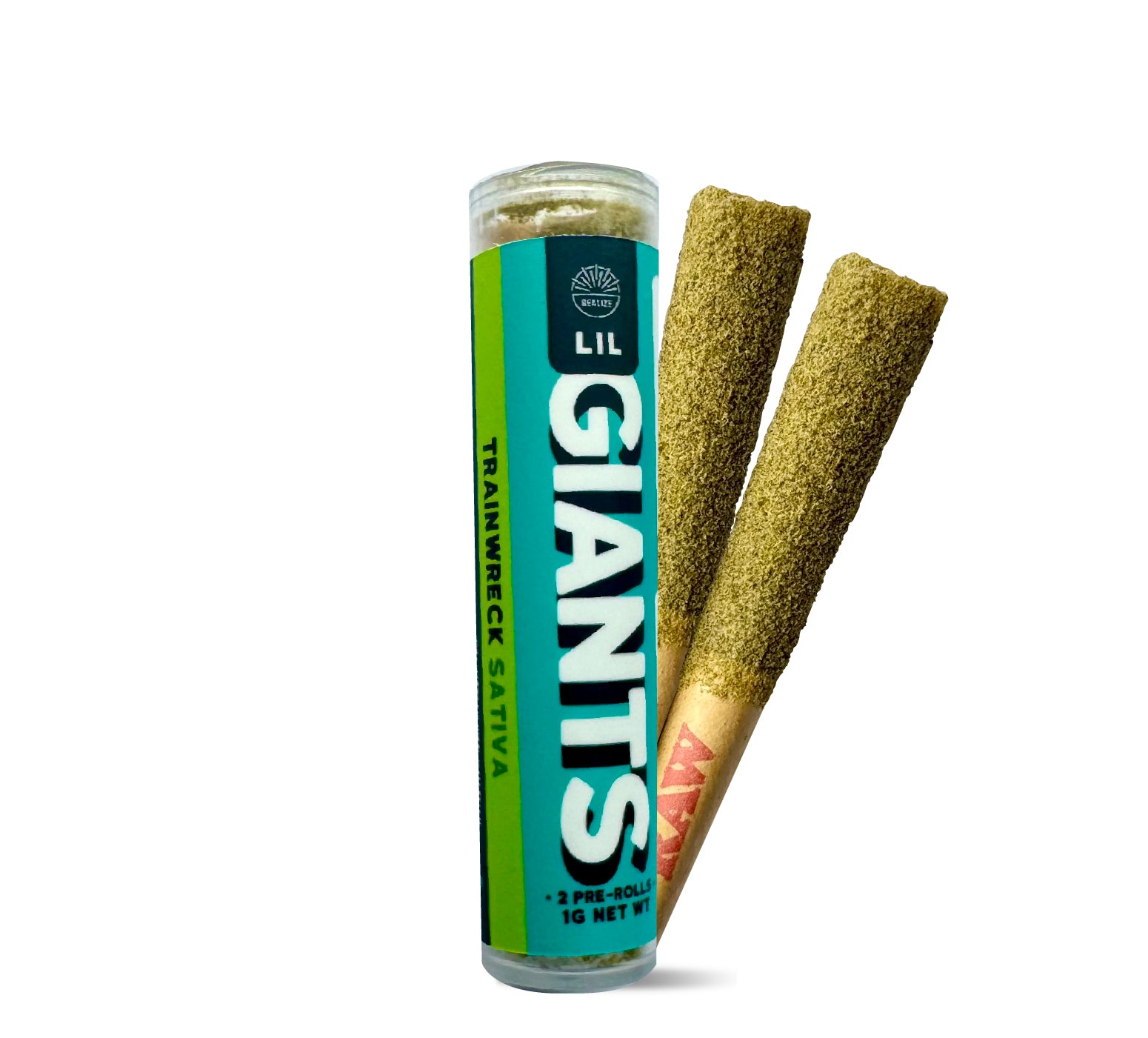 Realize Lil Giants Trainwreck sativa 29% THCA pre-rolls with tube packaging and two infused hemp joints