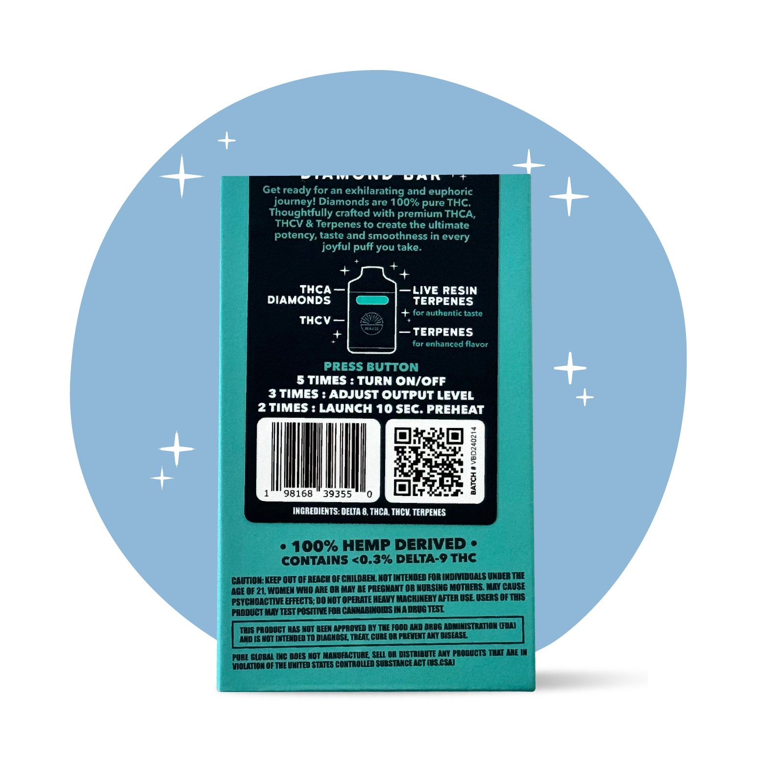Realize Blue Dream Diamond Bar disposable vape packaging back panel listing THCA diamonds, THCV, live resin terpenes, usage instructions, barcode, and hemp-derived warning
