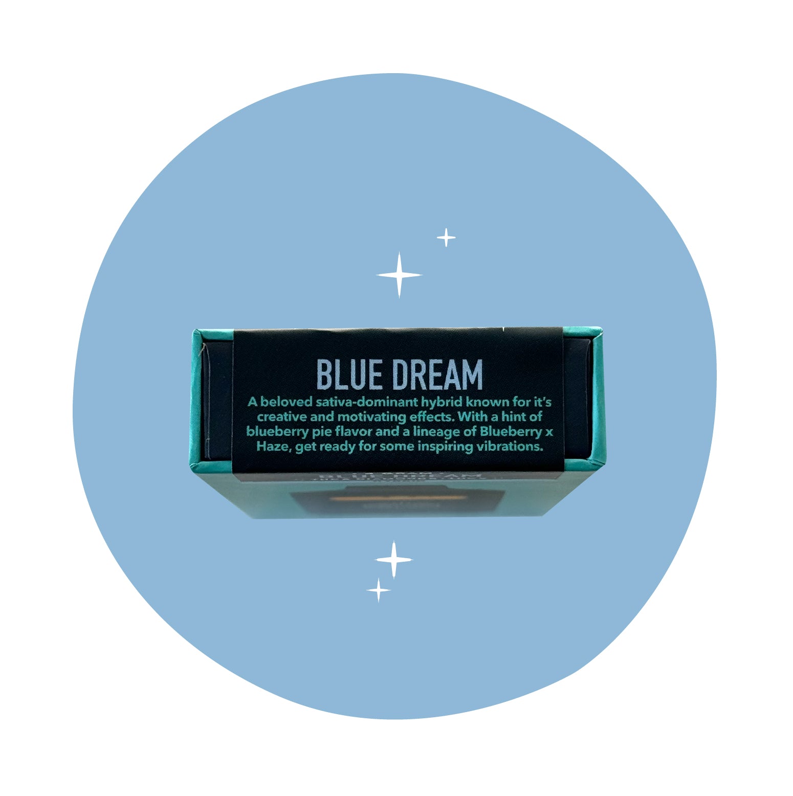 Realize Blue Dream disposable vape packaging side panel describing sativa-dominant hybrid with blueberry flavor and uplifting, creative effects
