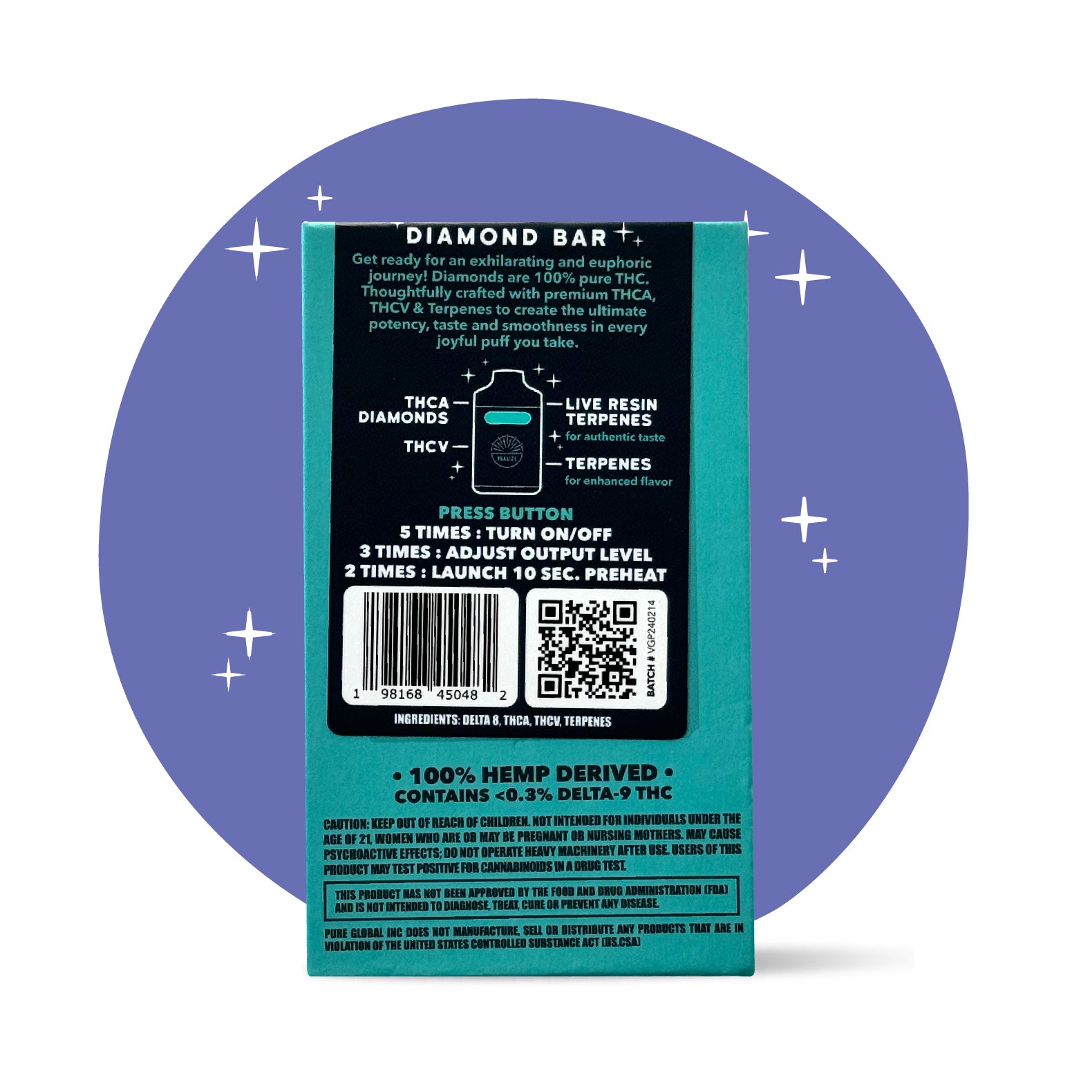 Realize Granddaddy Purple Diamond Bar disposable vape packaging back panel listing THCA diamonds, THCV, live resin terpenes, usage instructions, barcode, and hemp-derived warning