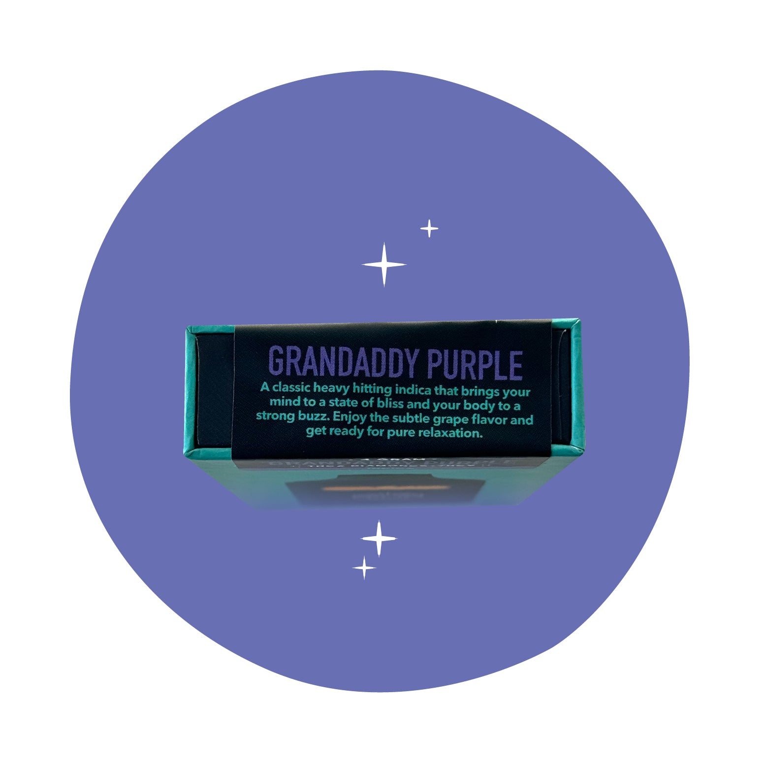 Realize Granddaddy Purple disposable vape packaging side panel describing indica strain with grape flavor and relaxing effects