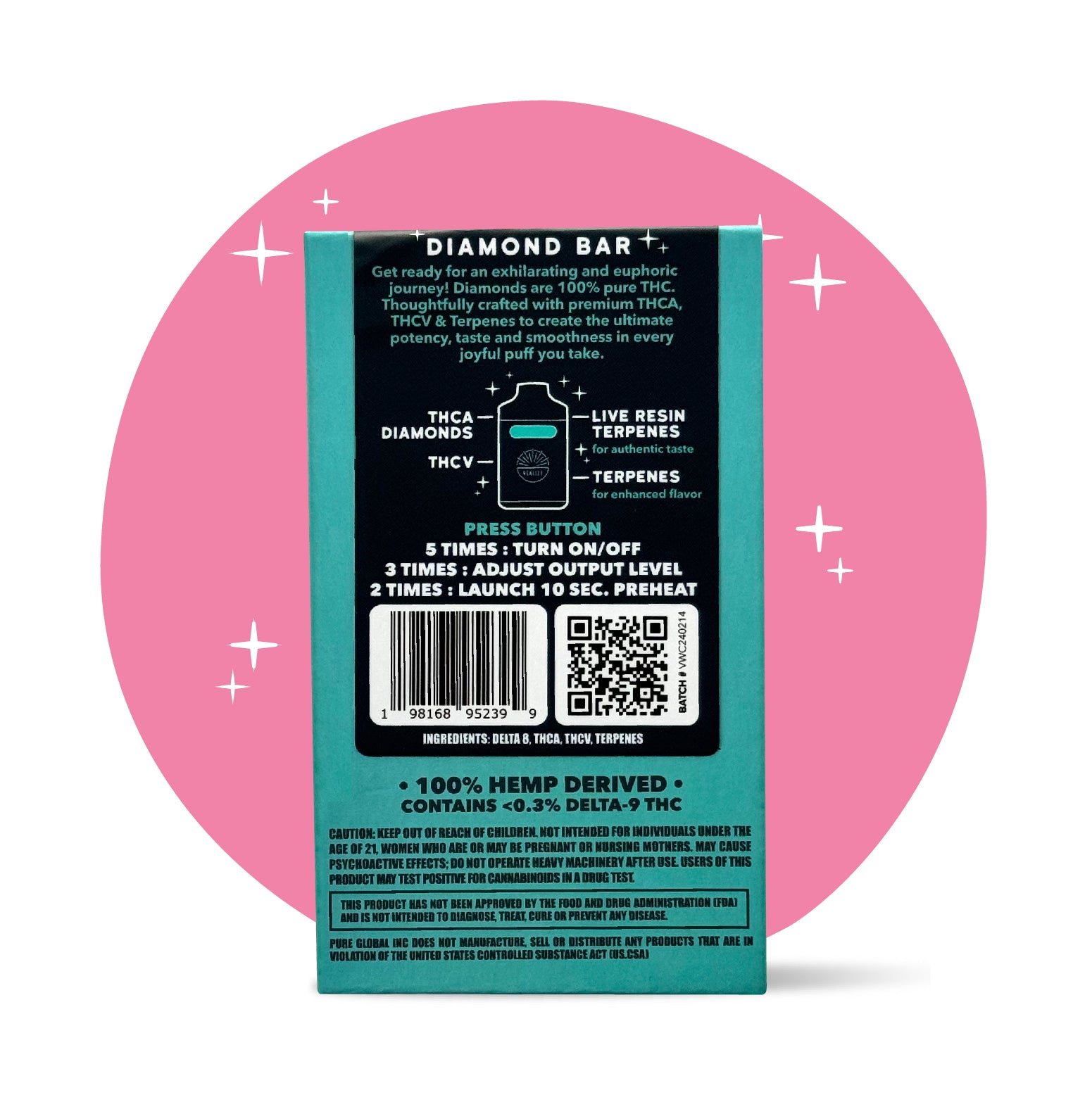 Realize Wedding Cake 4 gram disposable vape packaging back panel with THCA diamonds, THCV, live resin terpenes, instructions, barcode, and hemp-derived warning