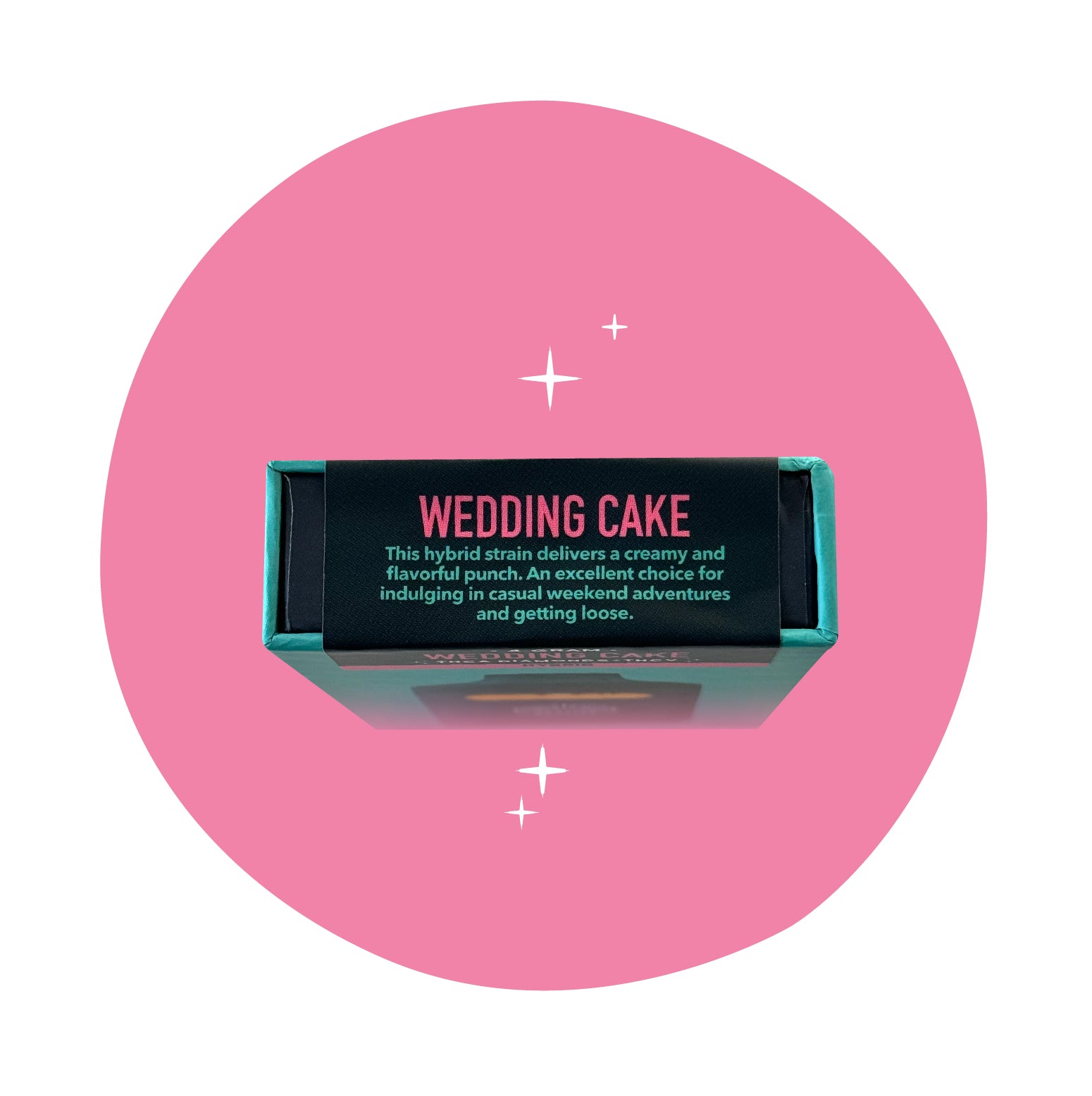 Realize Wedding Cake disposable vape packaging top panel with hybrid strain description text