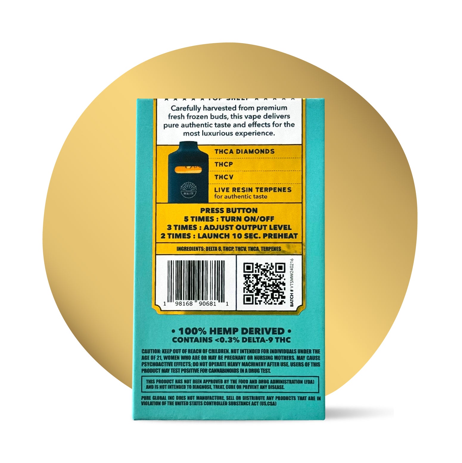Realize Top Shelf Vape Tangie 4 gram disposable vape packaging back panel with THCA diamonds, THCP, THCV, live resin terpenes, ingredients, barcode, and hemp-derived warning