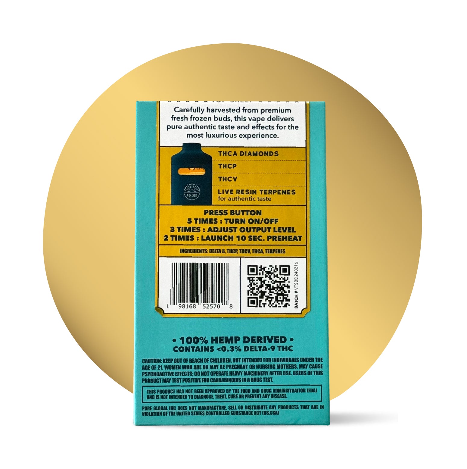Realize Blue Dream disposable vape packaging back panel showing THCA diamonds, THCP, THCV, live resin terpenes, usage instructions, barcode, and hemp-derived warning