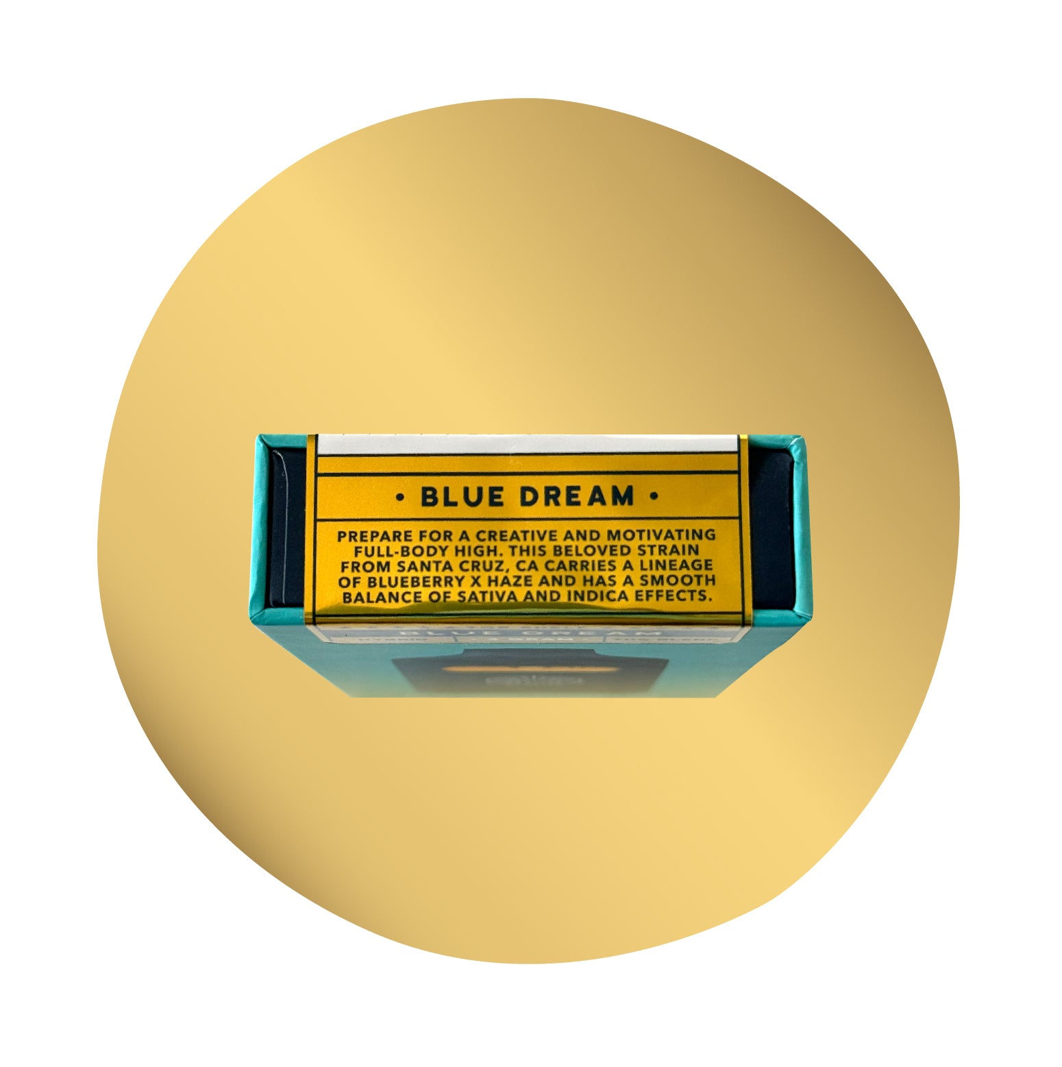 Realize Blue Dream disposable vape box side panel with strain description highlighting creative full-body high and balanced sativa-indica effects