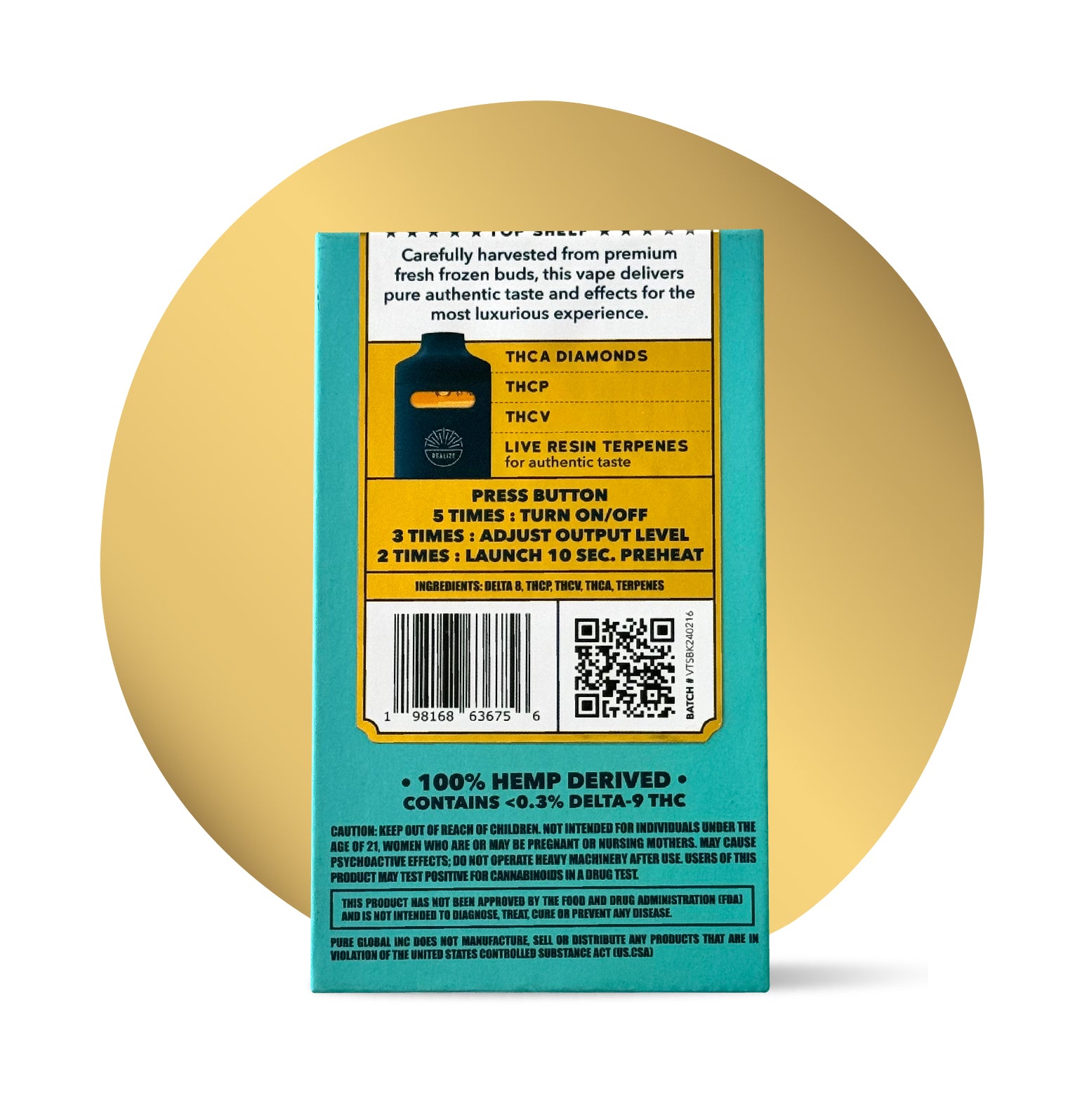 Realize Bubba Kush disposable vape packaging back panel showing THCA diamonds, THCP, THCV, live resin terpenes, usage instructions, barcode, and hemp-derived warning