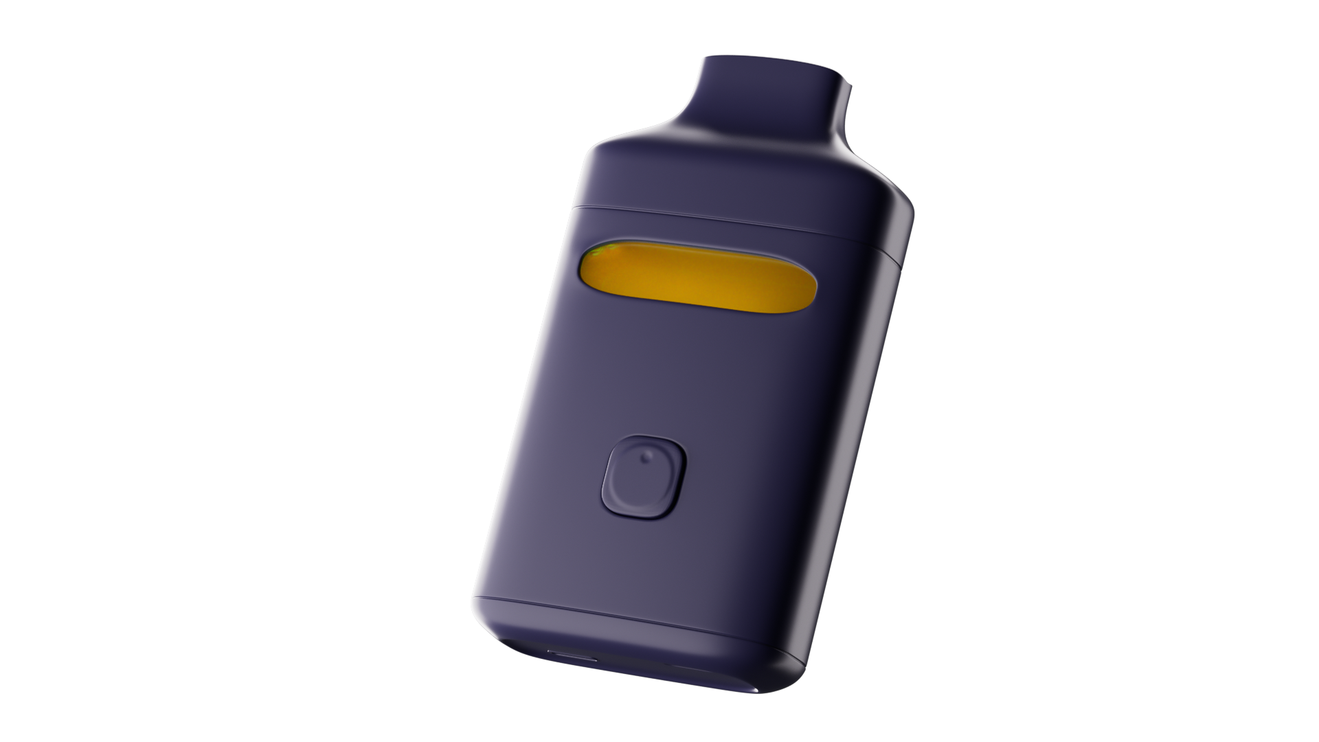 Realize disposable vape device with viewing window showing oil, navy blue body, and button on back