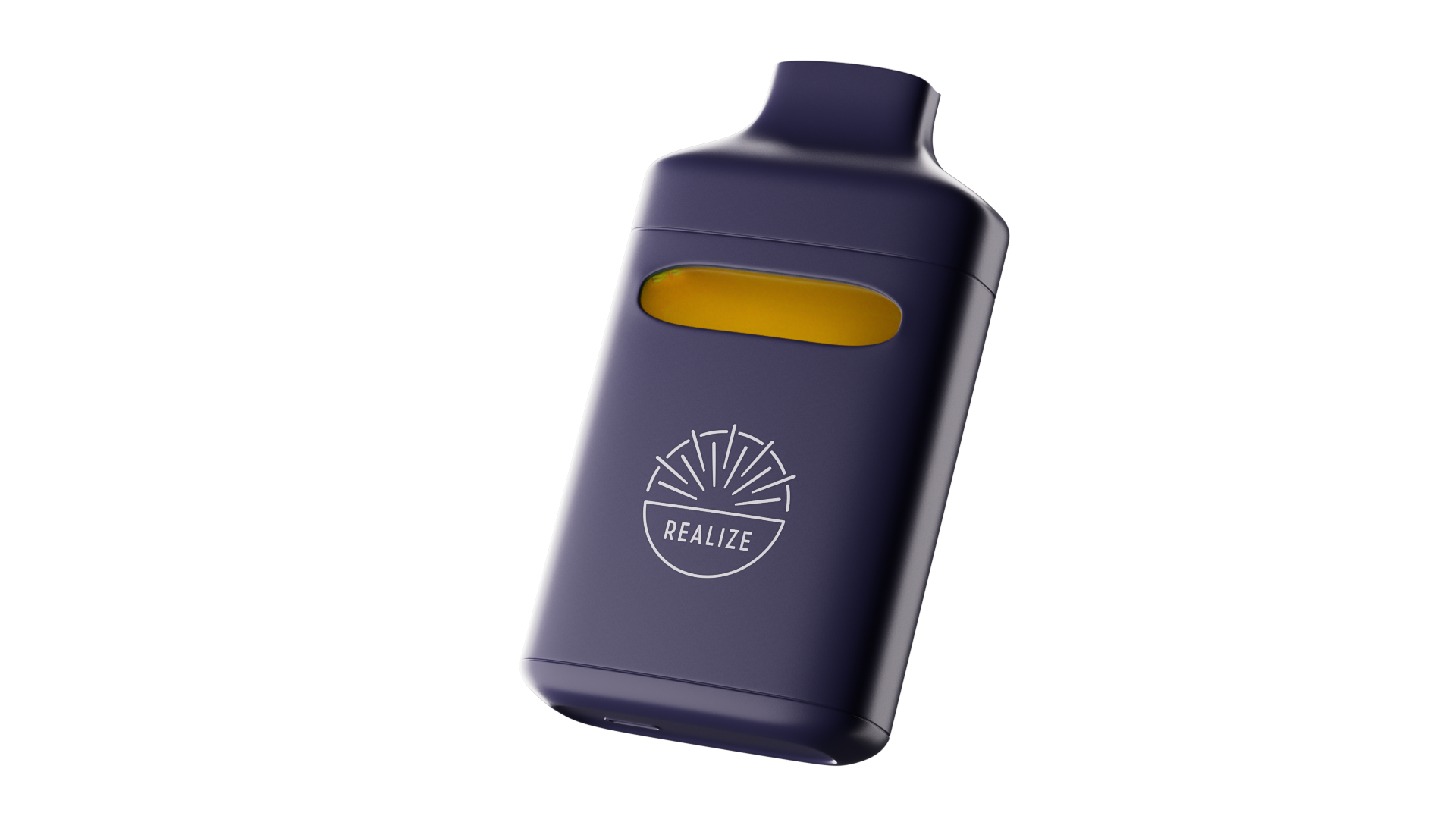 Realize disposable 4G vape device in dark matte finish with window showing golden oil, isolated on transparent background