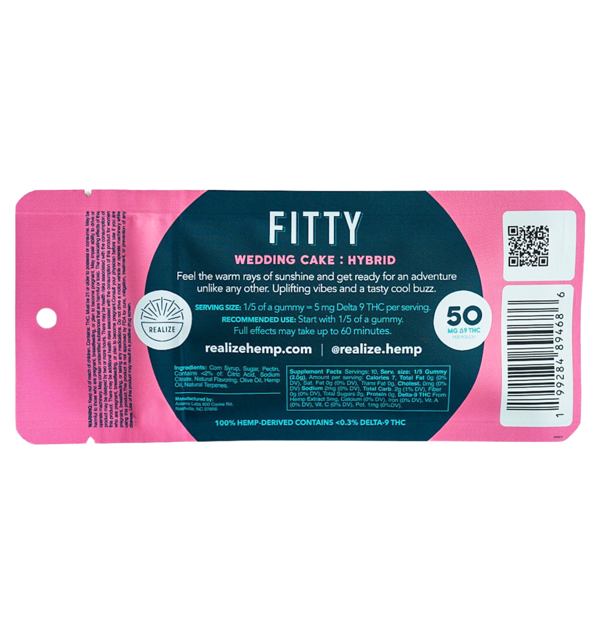 Back of Realize FITTY wedding cake hybrid Delta-9 THC gummies 50mg pouch packaging with ingredients and dosage information