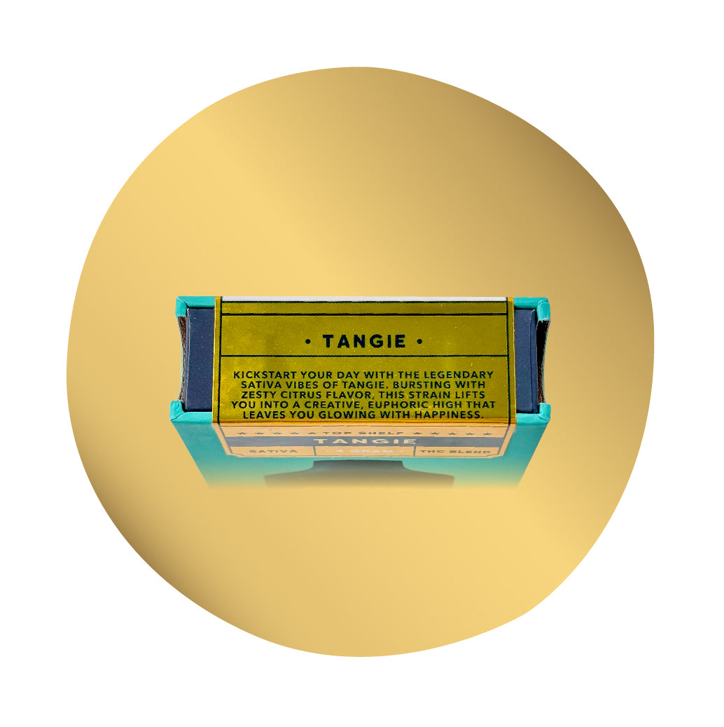 Top View Realize Top Shelf Vape Tangie sativa THC blend 4 gram disposable vape packaging top panel with flavor description