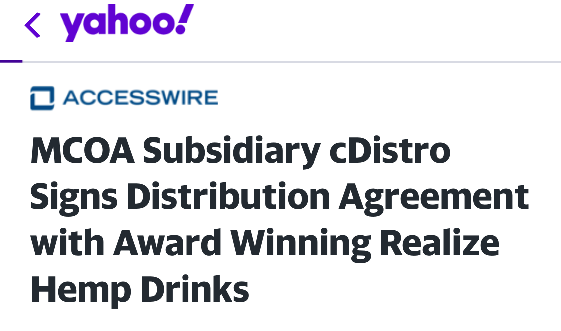 MCOA Subsidiary cDistro Signs Distribution Agreement with Award Winning Realize Hemp Drinks