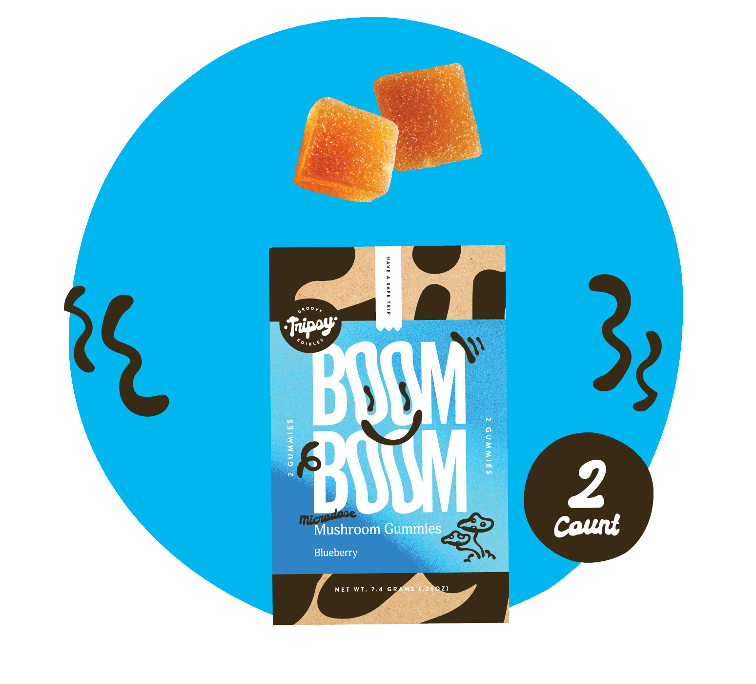 BOOM BOOM mushroom gummies pouch (Tripsy Edibles) in blueberry flavor labeled “microdose,” with two gummies shown above, on a blue background with decorative accents and a “2 count” badge.