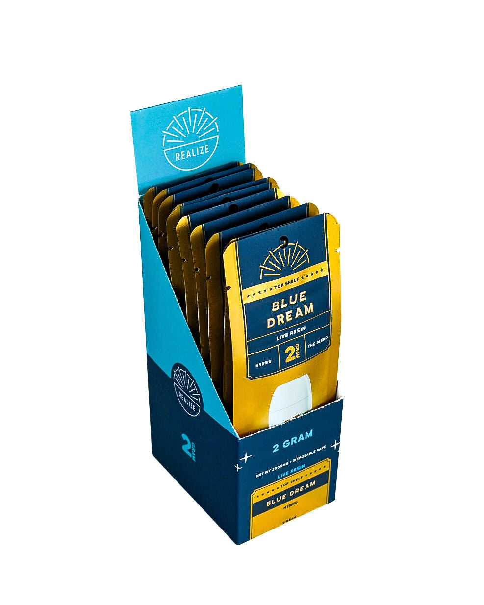 Realize Top Shelf Blue Dream 2 gram disposable vape retail display featuring gold and navy packaging with live resin THC blend branding.