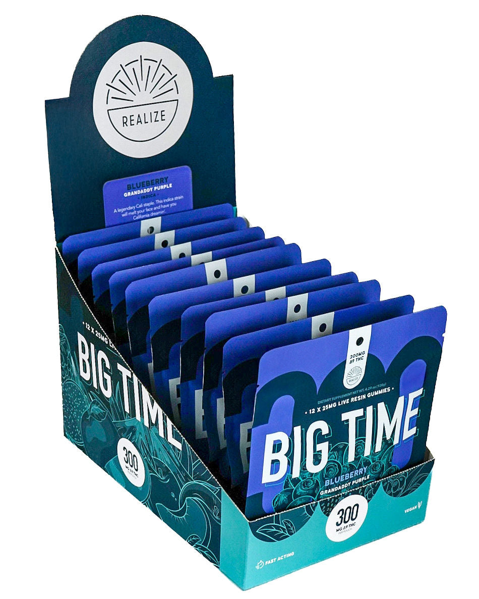 Realize BIG TIME blueberry granddaddy purple indica live resin gummies 300mg Delta-9 THC pouch retail countertop wholesale display