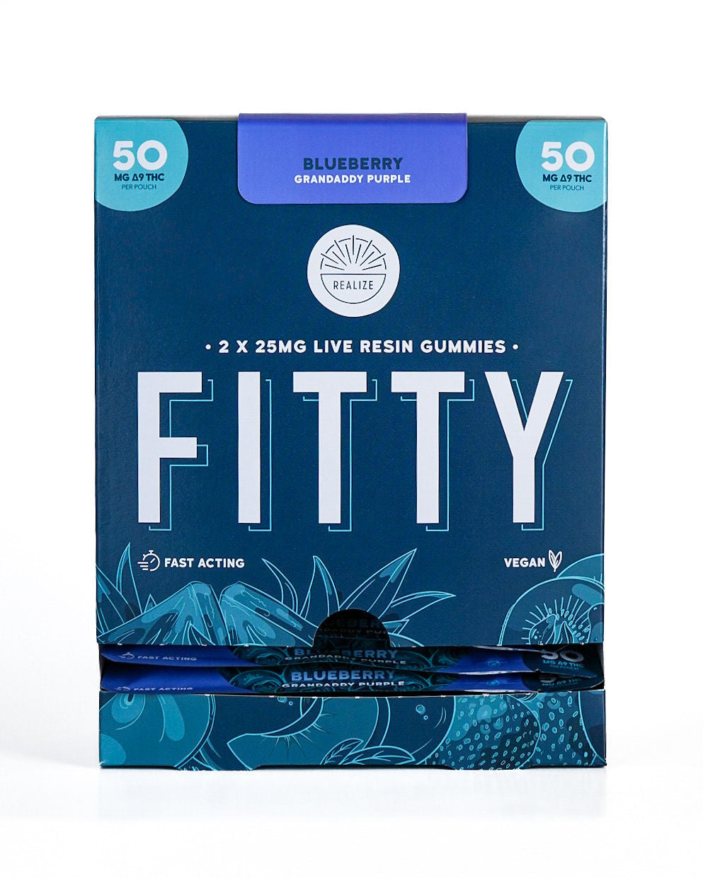 Realize FITTY Blueberry Granddaddy Purple live resin gummies 50mg Delta-9 THC wholesale display box