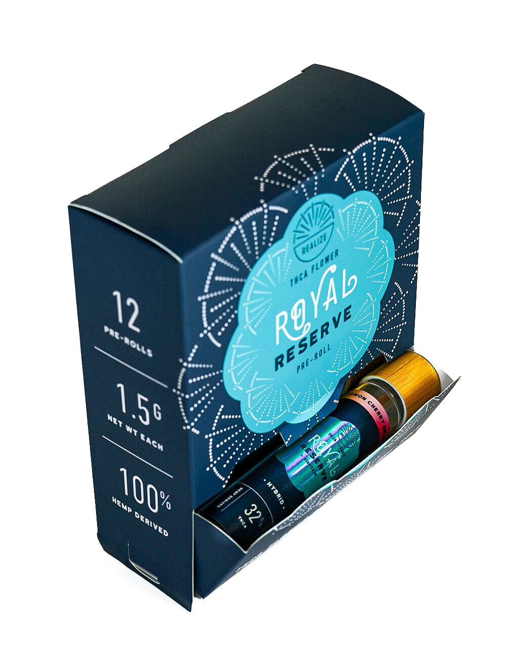 REALIZE Royal Reserve wholesale display box with 12 THCA flower + diamonds pre-rolls, partially open to show branded pre-roll tube inside