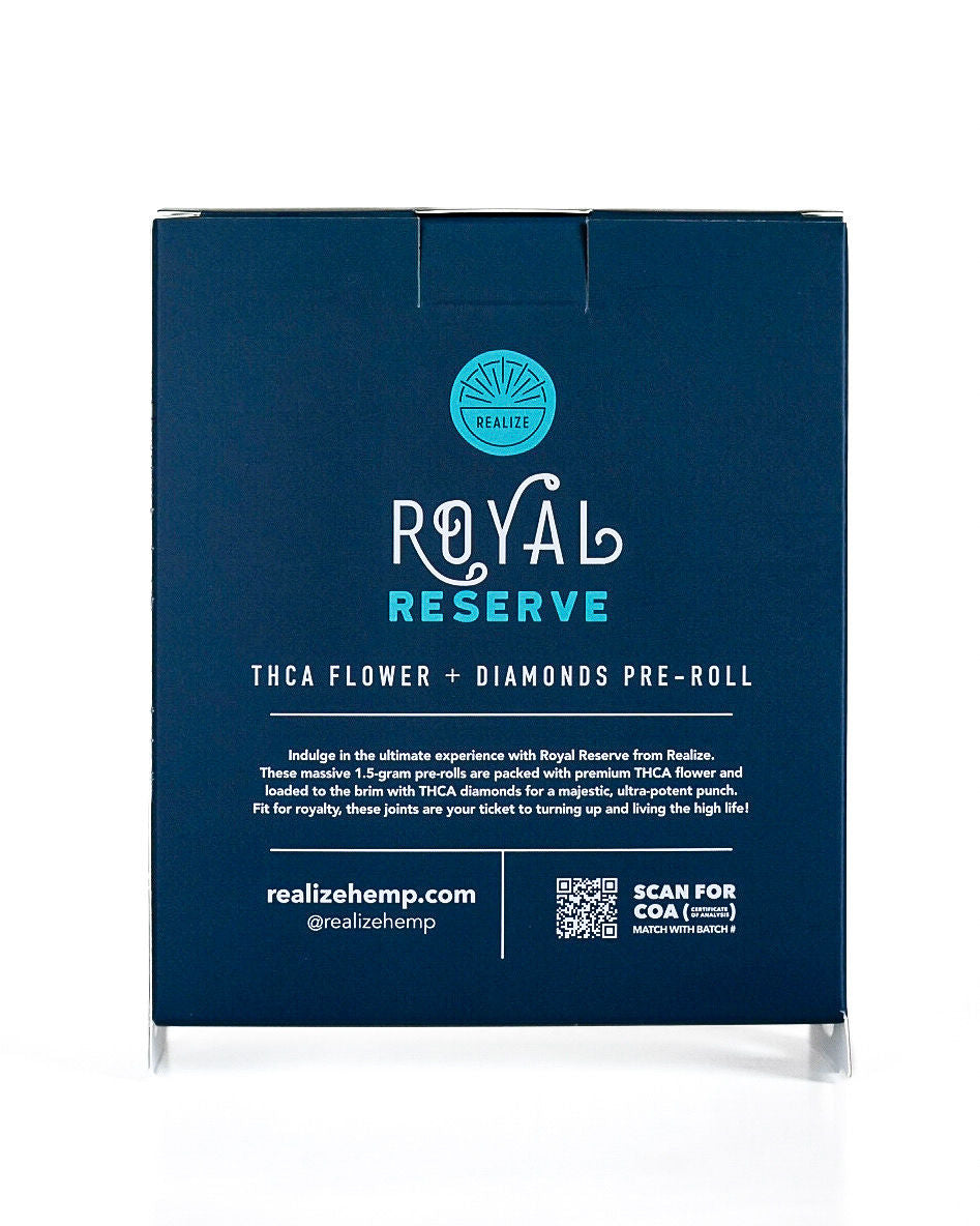 Back of REALIZE Royal Reserve wholesale packaging featuring THCA flower + diamonds pre-roll description, website link, and QR code for COA verification