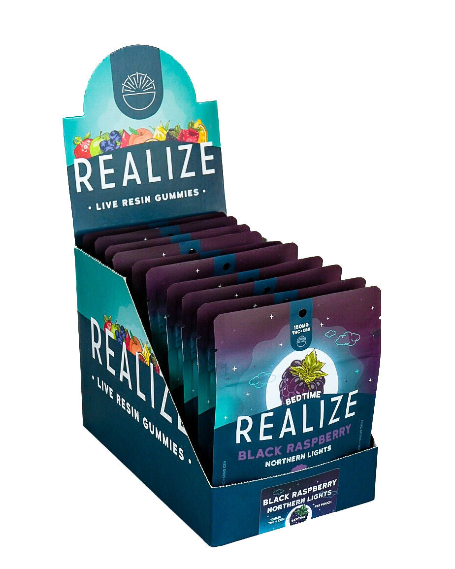 Realize live resin gummies Black Raspberry Northern Lights 150mg THC CBN bedtime formula wholesale display box