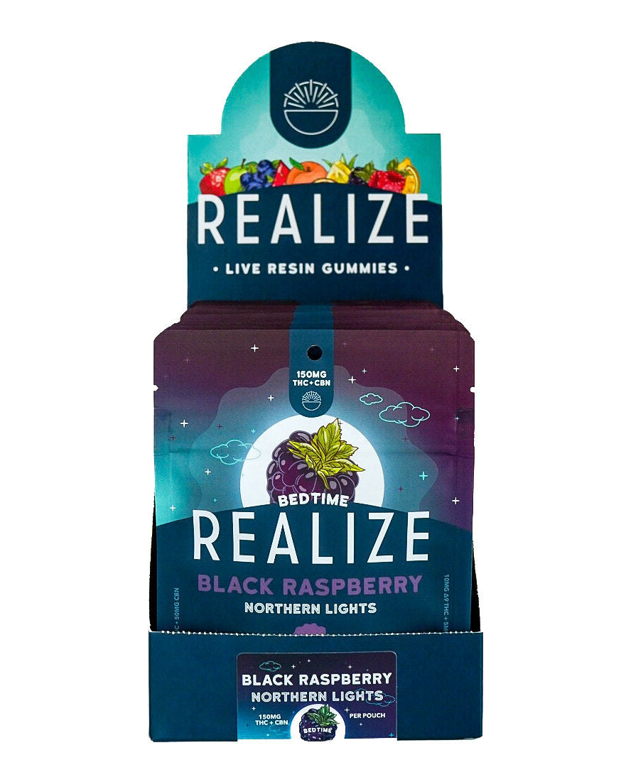 Realize live resin gummies Black Raspberry Northern Lights 150mg THC CBN bedtime formula wholesale display box