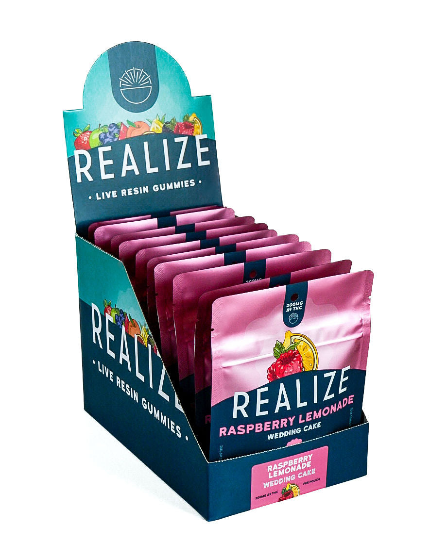 Realize live resin gummies Raspberry Lemonade Wedding Cake 200mg Delta-9 THC wholesale display box with retail packaging