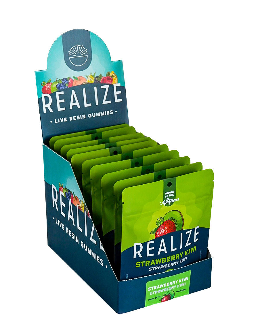 Realize live resin gummies Strawberry Kiwi 100mg Delta-9 THC wholesale display box with retail countertop packaging